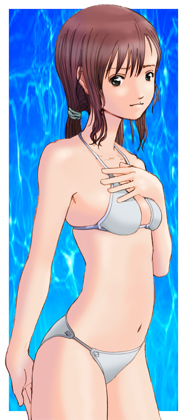 sukabu, bad id, bad pixiv id, bikini, black eyes, brown hair, long hair, solo, swimsuit, white bikini