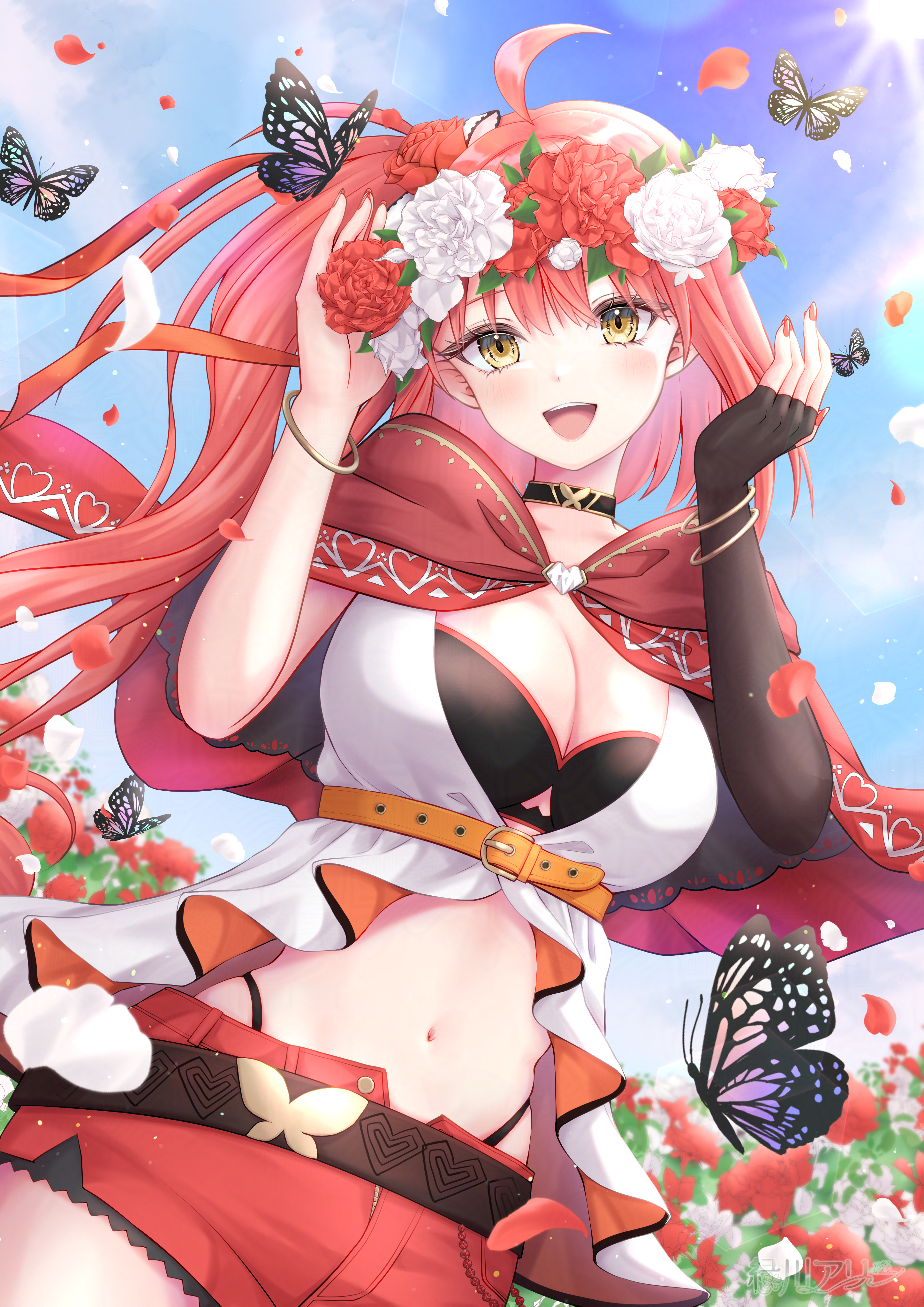 allymidorikawa, kohaku teto, neo-porte, absurdres, commentary request, highres, 1girl, ahoge, armlet, belt, black bra, black choker, blush, bra, bracelet, breasts, bug, butterfly, choker, cleavage, cloak, day, elbow gloves, falling petals, fingerless gloves, floating hair, flower, gloves, gold bracelet, gold trim, hair between eyes, hair flower, hair ornament, hands up, head wreath, insect, jewelry, large breasts, lens flare, light particles, long hair, looking at viewer, metal bracelet, nail polish, navel, open fly, open mouth, orange belt, panty straps, petals, red cloak, red flower, red hair, red nails, red shorts, shirt, short shorts, shorts, side ponytail, single elbow glove, single fingerless glove, sky, smile, solo, standing, sun, sunlight, teeth, thighs, two-sided fabric, underwear, upper teeth only, very long hair, virtual youtuber, watermark, white flower, white shirt, yellow eyes