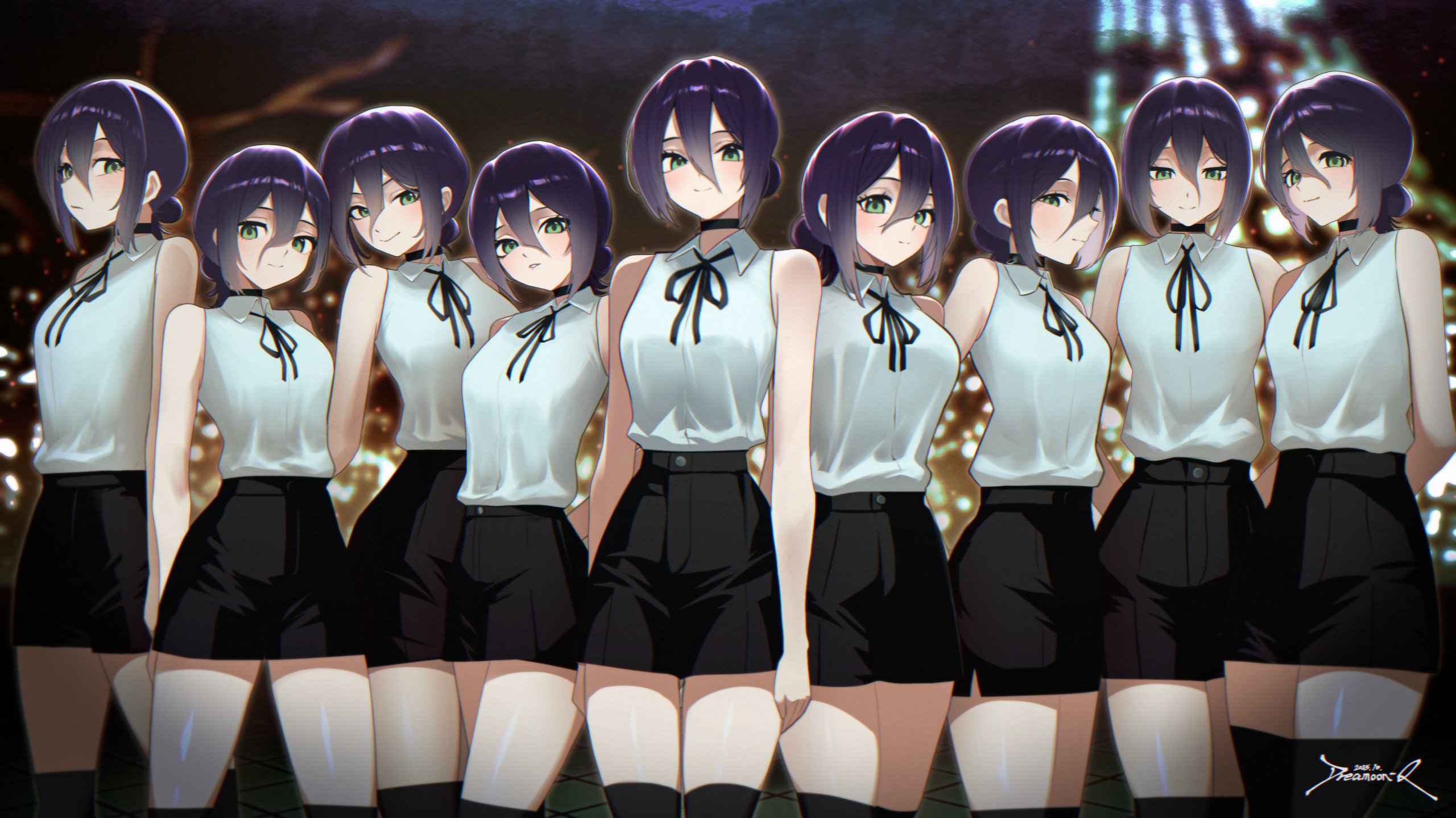 dreamoon-q, reze (chainsaw man), chainsaw man, highres, 6+girls, arms behind back, black choker, black ribbon, black shorts, black thighhighs, choker, clone, green eyes, hair between eyes, hair bun, looking at viewer, multiple girls, neck ribbon, purple hair, ribbon, shirt, shorts, sleeveless, sleeveless shirt, thighhighs, white shirt