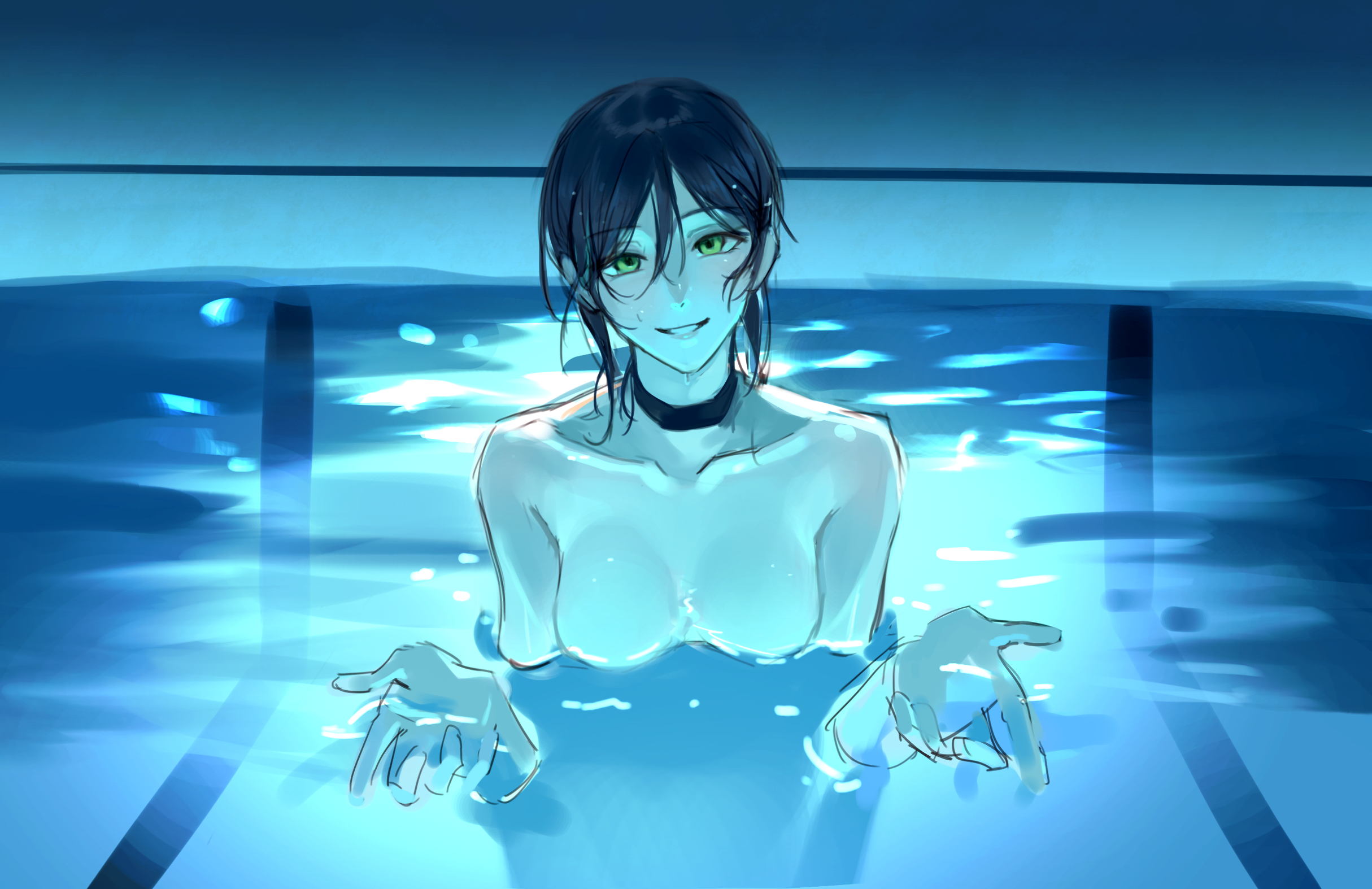 pponnya, reze (chainsaw man), chainsaw man, highres, 1girl, blue hair, blue theme, breasts, green eyes, looking at viewer, medium breasts, nude, partially submerged, pool, solo, wet, wet hair