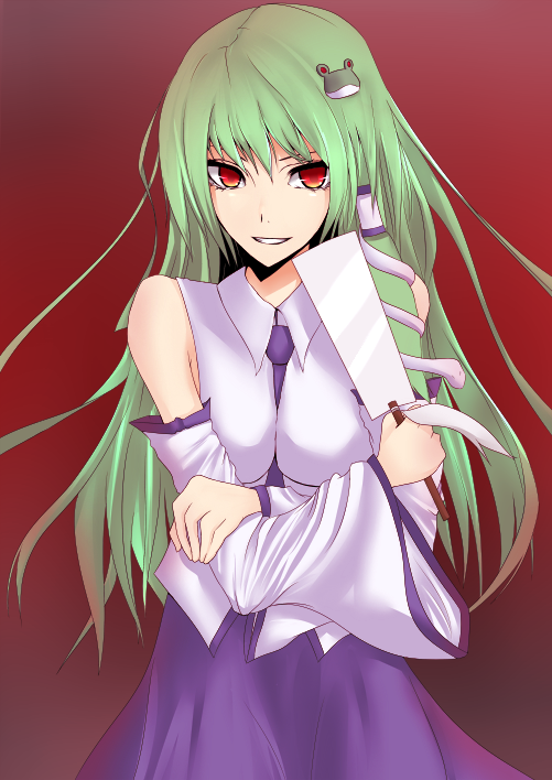 ume itoguchi retto, umeo retto, kochiya sanae, touhou, bad id, bad pixiv id, 1girl, breasts, cleavage, detached sleeves, female focus, frog hair ornament, green hair, hair ornament, hairpin, long hair, necktie, red eyes, red hair, solo