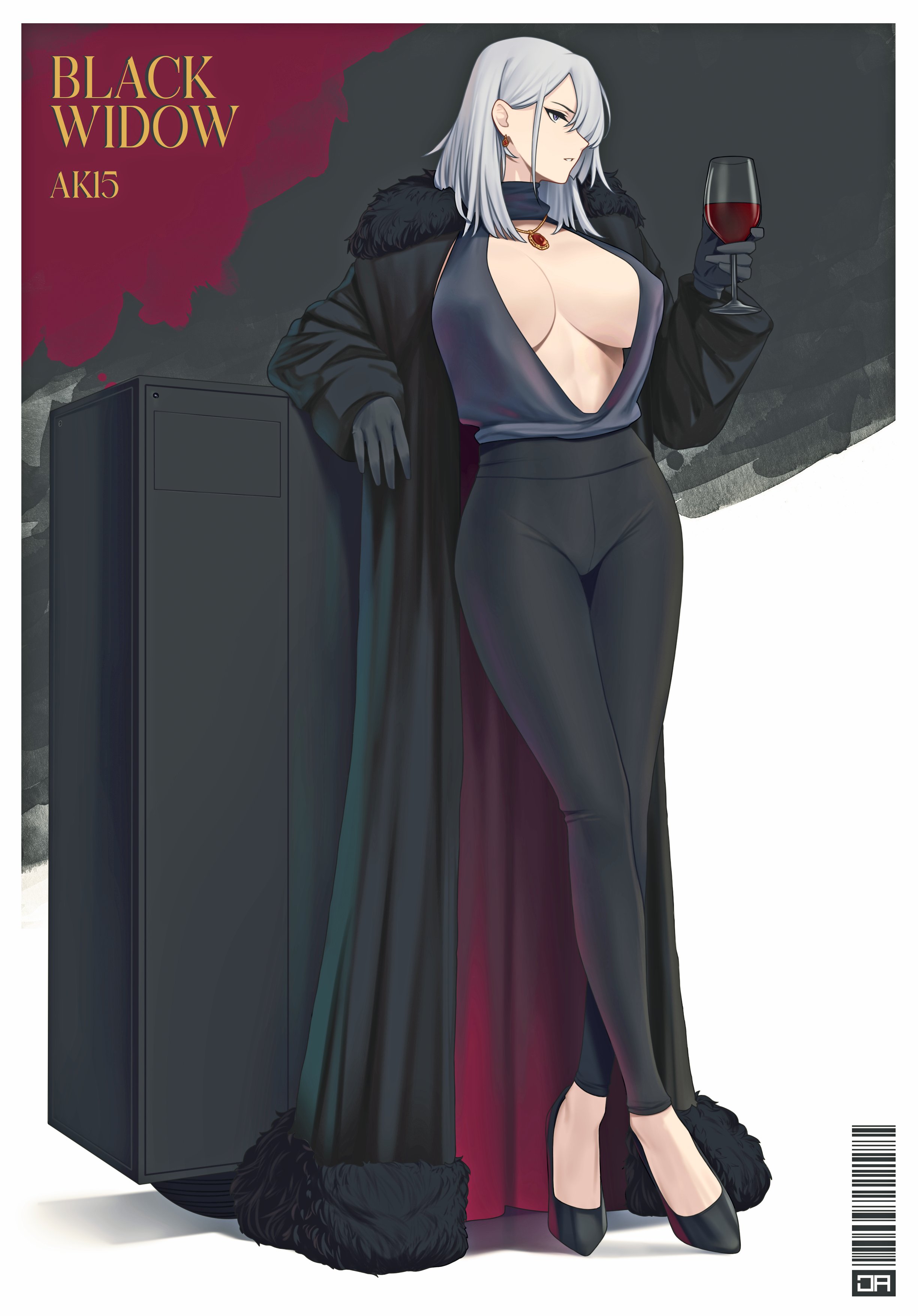 j adsen, ak-15 (girls' frontline), girls' frontline, absurdres, commentary, english commentary, highres, 1girl, black coat, black gloves, black pants, black shirt, black shoes, blue eyes, breasts, center opening, character name, coat, crossed legs, cup, drinking glass, earrings, full body, fur-trimmed coat, fur-trimmed collar, fur trim, gloves, grey hair, hair behind ear, hand up, high-waist pants, high heels, holding, holding cup, huge breasts, jewelry, long coat, long hair, long sleeves, necklace, no bra, open clothes, open coat, pants, pantylines, pendant, plunging neckline, red coat, shirt, shoes, sleeveless, sleeveless shirt, solo, standing, stud earrings, tight clothes, tight pants, two-sided coat, two-sided fabric, wine glass