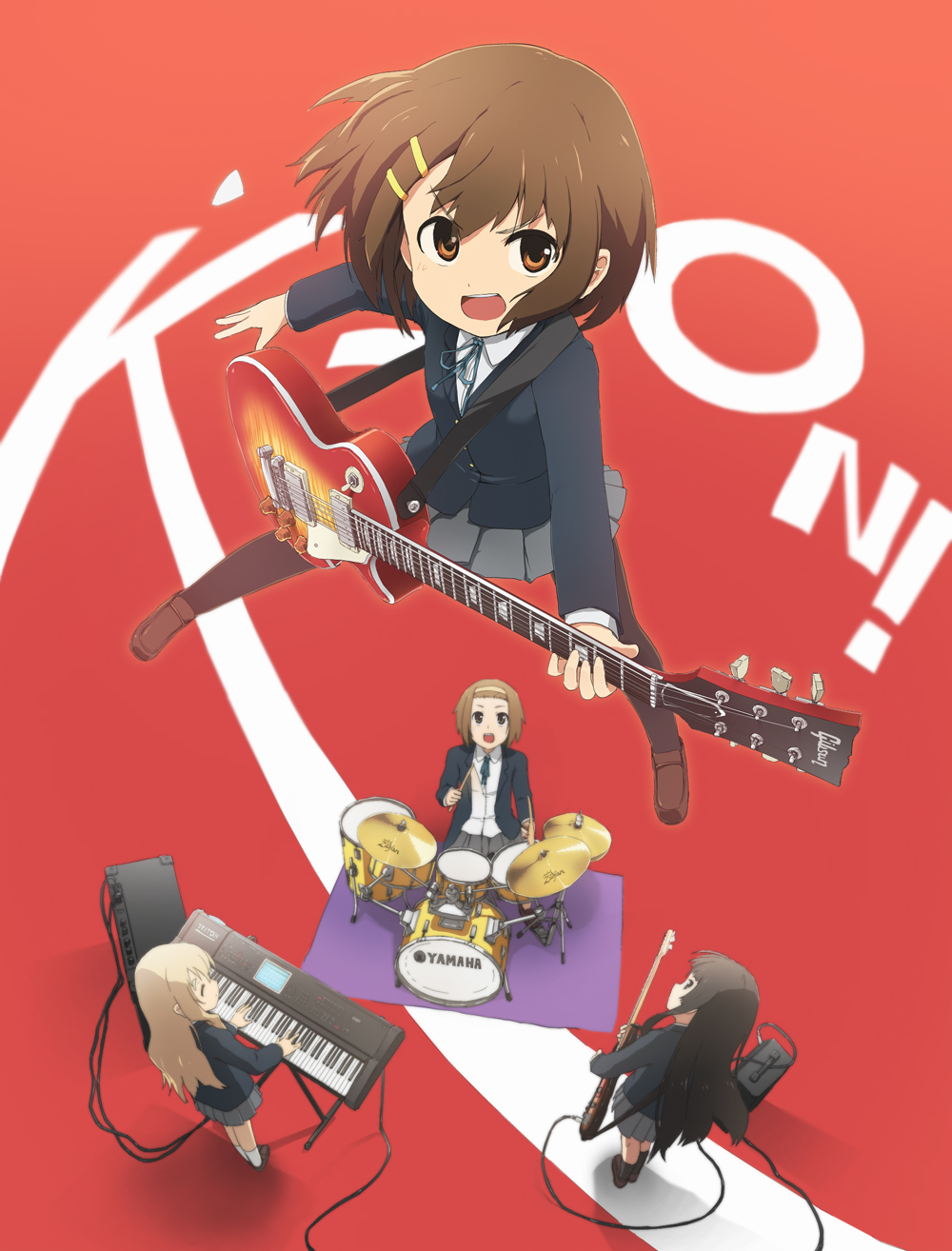 kaito (k4itoh), akiyama mio, hirasawa yui, kotobuki tsumugi, tainaka ritsu, gibson, k-on!, bad id, bad pixiv id, highres, 00s, 4girls, amplifier, drum, drum set, electric guitar, foreshortening, gibson les paul, guitar, ho-kago tea time, instrument, jumping, keyboard, keyboard (instrument), keyboards, long hair, multiple girls, pantyhose, school uniform, short hair, synthesizer, yamaha