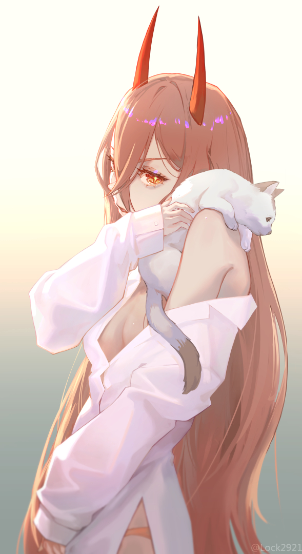 tenshin kagehisa, meowy (chainsaw man), power (chainsaw man), chainsaw man, 1girl, animal, animal on shoulder, breasts, cat, cat on shoulder, demon girl, demon horns, hair between eyes, horns, long hair, long hair between eyes, orange eyes, orange hair, orange panties, panties, red horns, shirt, small breasts, solo, underwear, very long hair, white shirt