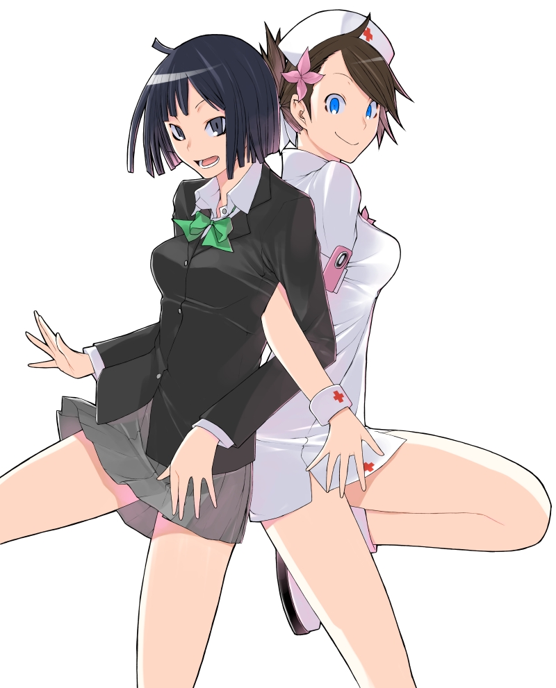 yasuda suzuhito, kishi touka, v juri f, yozakura quartet, 2girls, ahoge, back-to-back, black eyes, black hair, blue eyes, bow, bowtie, brown hair, collared shirt, flower, hair up, hat, leg lift, locked arms, multiple girls, nurse, nurse cap, open mouth, school uniform, shirt, short hair, skirt, smile, standing, standing on one leg, thighs, wristband