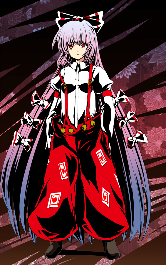 fa no hito, fujiwara no mokou, touhou, bad id, bad pixiv id, 1girl, bow, female focus, full body, hair ribbon, long hair, ofuda, purple hair, red eyes, ribbon, solo, standing, suspenders, very long hair