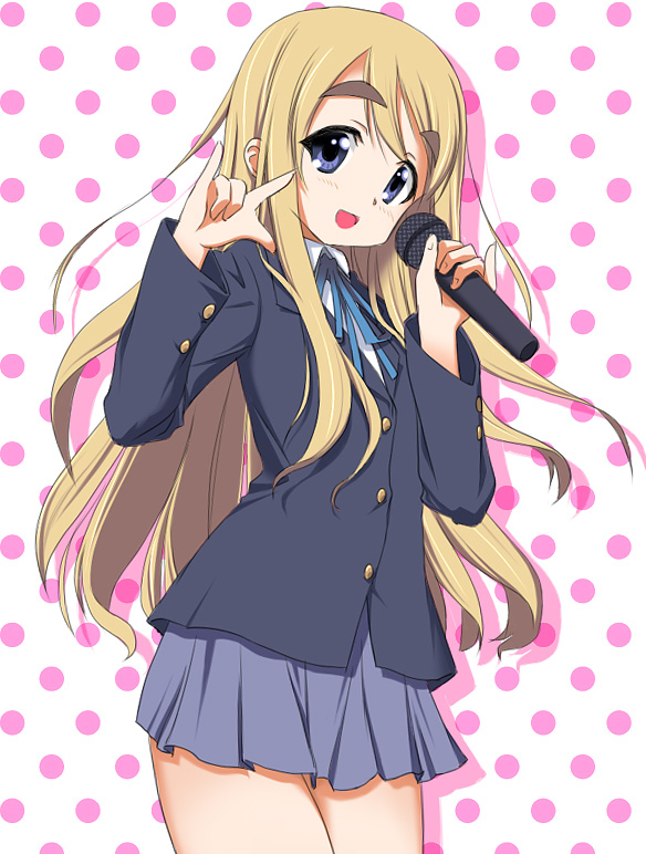 hirorin, nekono matatabi, kotobuki tsumugi, k-on!, eyebrows, 1girl, blonde hair, blue eyes, female focus, long hair, m/, microphone, open mouth, parody, polka dot, school uniform, seikan hikou, solo