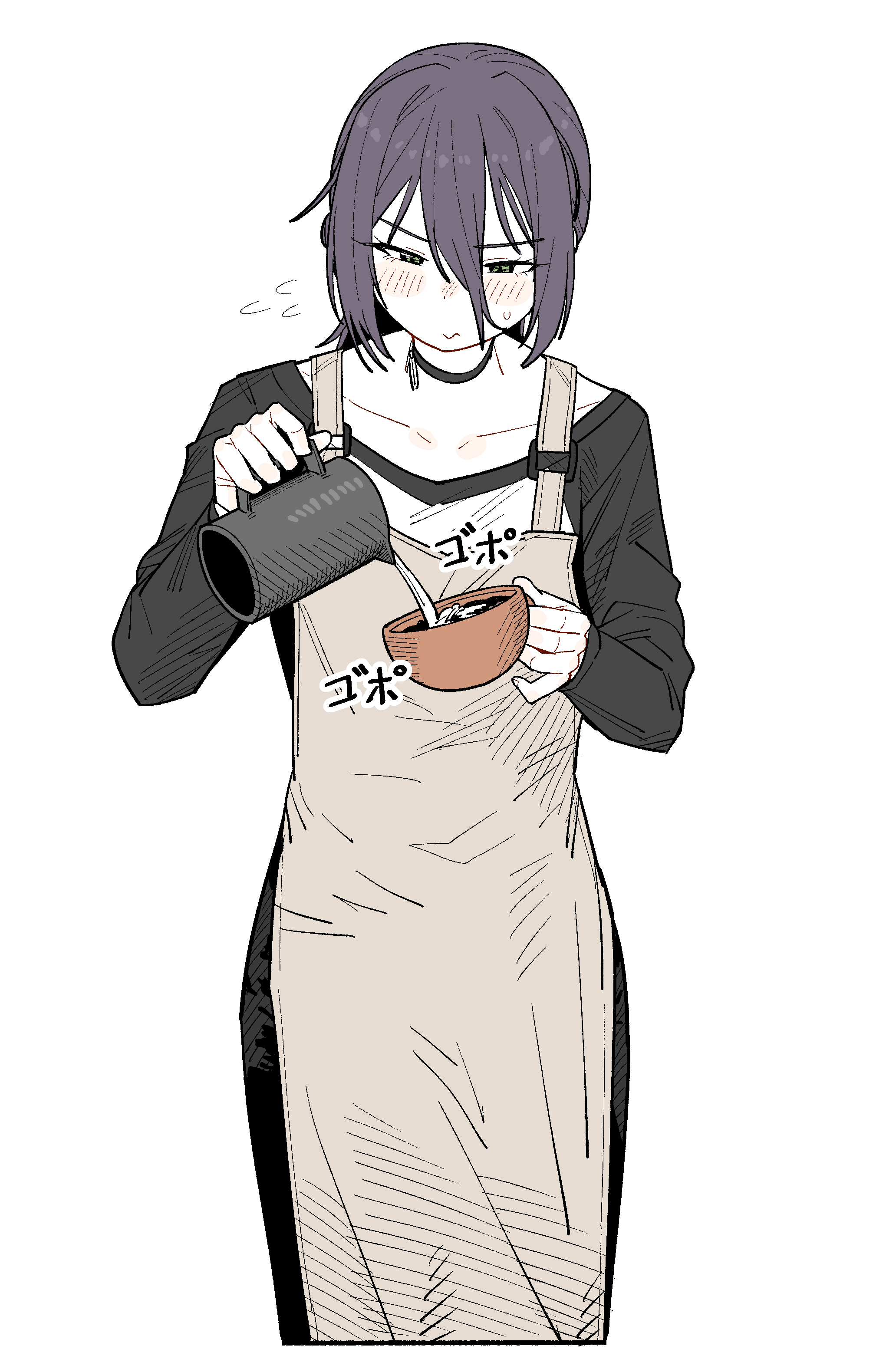 wujurana, reze (chainsaw man), chainsaw man, absurdres, highres, 1girl, apron, black choker, black shirt, choker, closed mouth, creamer (vessel), cup, flying sweatdrops, green eyes, grey apron, holding, holding cup, light blush, mug, pouring, purple hair, shirt, simple background, solo, sweatdrop, white background