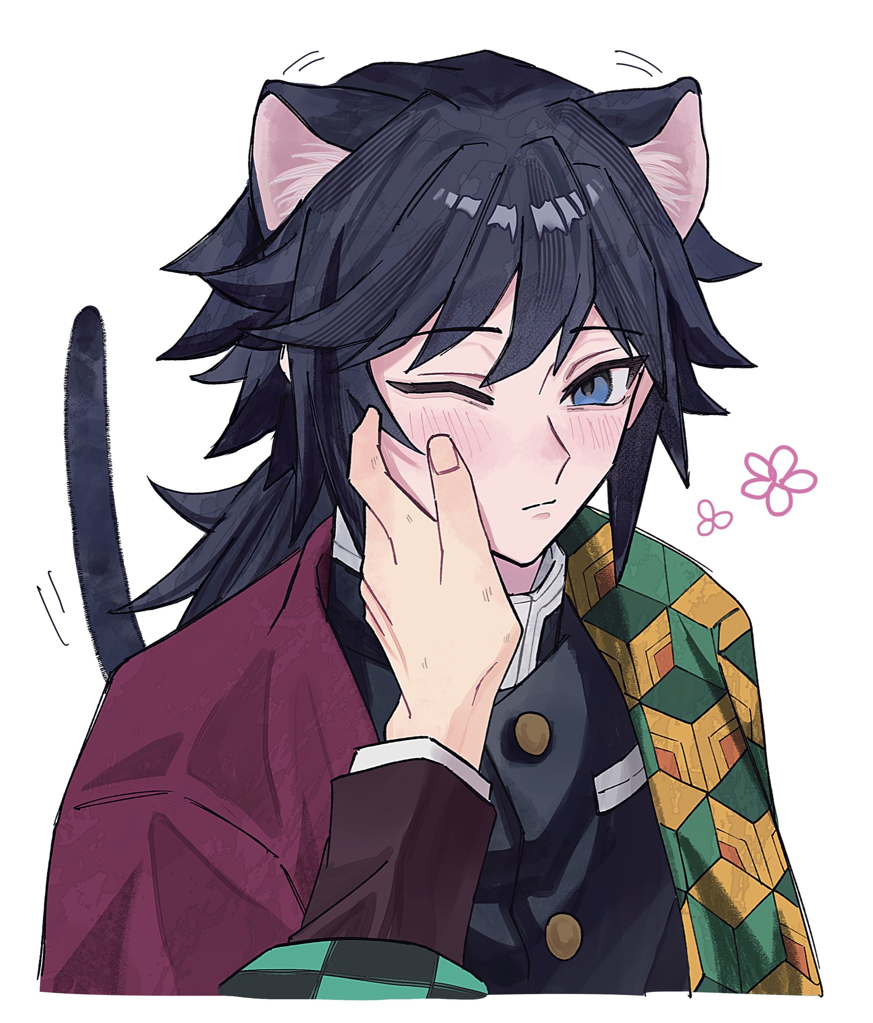 kamado tanjirou, tomioka giyuu, kimetsu no yaiba, highres, 2boys, animal ears, black hair, black jacket, blue eyes, blush, buttons, cat boy, cat ears, cat tail, checkered haori, closed mouth, demon slayer uniform, flower, gold buttons, haori, high collar, jacket, japanese clothes, kikkoumon, looking at viewer, low ponytail, male focus, multiple boys, one eye closed, p o0, ponytail, pov, print haori, red haori, simple background, solo, spiked hair, tail, white background