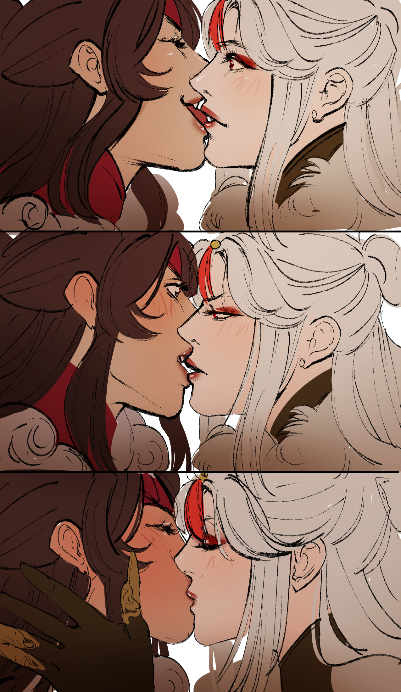 nhlo, beidou (genshin impact), ningguang (genshin impact), genshin impact, commentary, english commentary, highres, 2girls, black gloves, blush, brown hair, closed eyes, earrings, eyeshadow, french kiss, gloves, hand on another's face, jewelry, kiss, long hair, makeup, multiple girls, red eyes, red eyeshadow, stud earrings, tongue, white hair, yuri