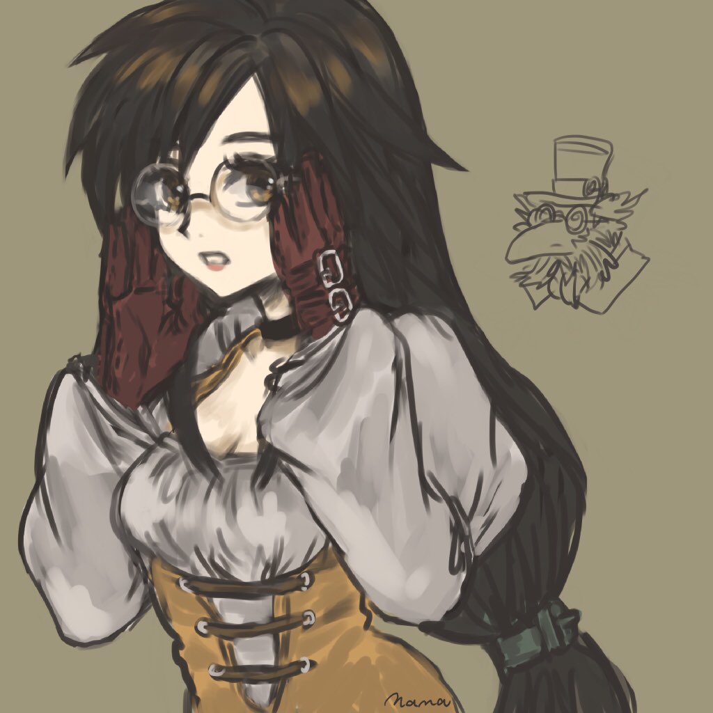 u5apy0n, garnet til alexandros xvii, final fantasy, final fantasy ix, 1boy, 1girl, adjusting eyewear, artist name, beak, bird boy, black choker, bodysuit, breasts, brown eyes, brown gloves, brown hair, choker, cleavage, doctor tot, glasses, gloves, grey background, hair ornament, hairclip, hat, juliet sleeves, long hair, long sleeves, looking at viewer, low-tied long hair, medium breasts, orange bodysuit, parted lips, puffy sleeves, round eyewear, shirt, solo focus, top hat, upper body, white shirt