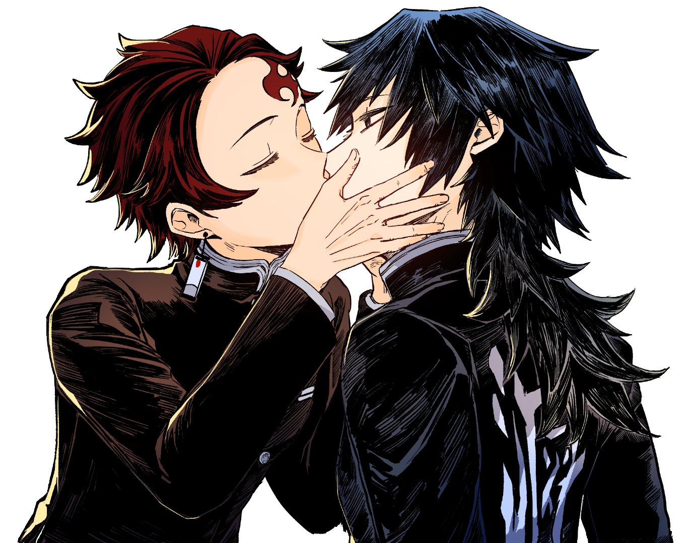 kamado tanjirou, tomioka giyuu, kimetsu no yaiba, 2boys, black jacket, blue eyes, brown hair, buttons, closed eyes, clothes writing, demon slayer uniform, earrings, hanafuda earrings, high collar, jacket, jewelry, kiss, long hair, low ponytail, multiple boys, ponytail, short hair, simple background, spiked hair, twt j1j1ma, upper body, white background, yaoi
