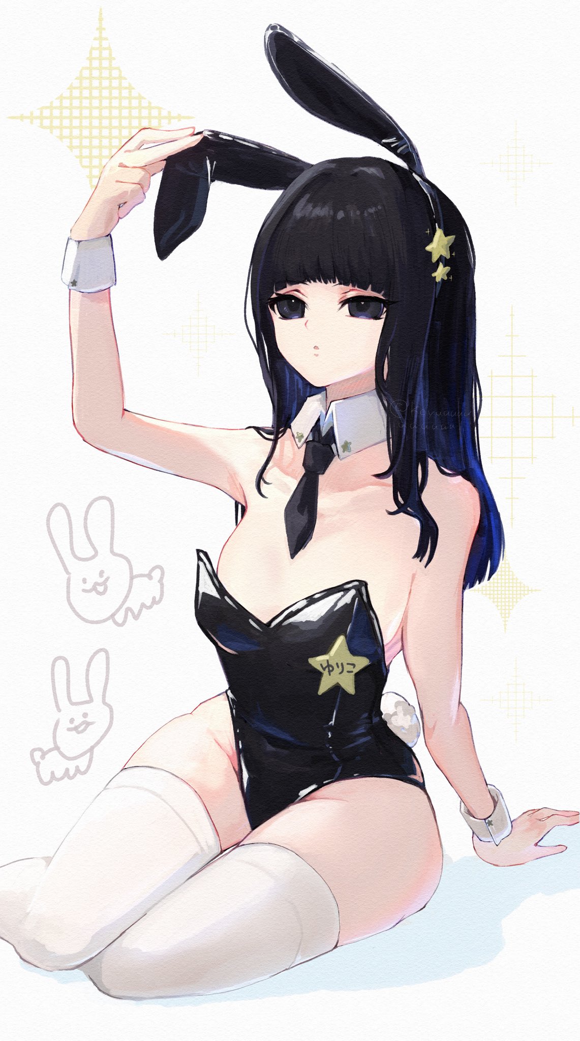koyuuuuuuuuuuu, yuriko (gnosia), gnosia, highres, 1girl, animal ears, black eyes, black hair, black leotard, blunt bangs, detached collar, eyelashes, hime cut, leotard, long hair, looking at viewer, playboy bunny, rabbit ears, rabbit tail, simple background, solo, straight hair, strapless, strapless leotard, tail, wrist cuffs
