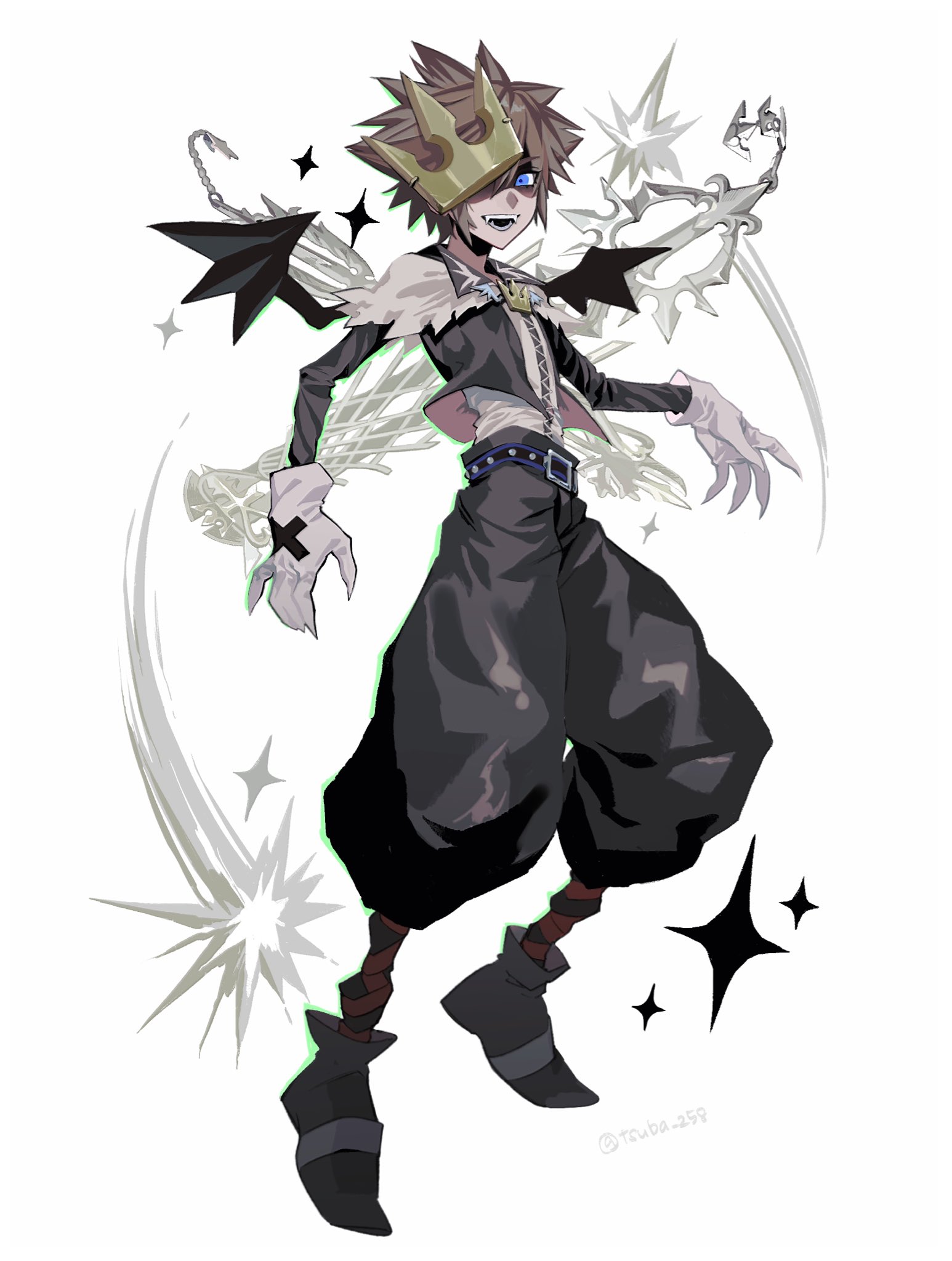 tsuba 258, sora (halloween town) (kingdom hearts), sora (kingdom hearts), kingdom hearts, kingdom hearts ii, commentary request, highres, 1boy, baggy pants, bat wings, belt, belt buckle, black belt, black jacket, black pants, black shoes, blue eyes, brooch, brown hair, buckle, claws, crown, fangs, final form (kingdom hearts), floating, floating object, floating weapon, full body, gloves, green outline, halloween costume, jacket, jewelry, keyblade, long sleeves, male focus, mask, mask on head, oathkeeper, one eye covered, open clothes, open jacket, outline, pants, pointy shoes, shaded face, shirt, shoes, short hair, simple background, socks, solo, sparkle, spiked hair, striped clothes, striped socks, studded belt, ultima weapon (keyblade), white background, white gloves, white shirt, wings