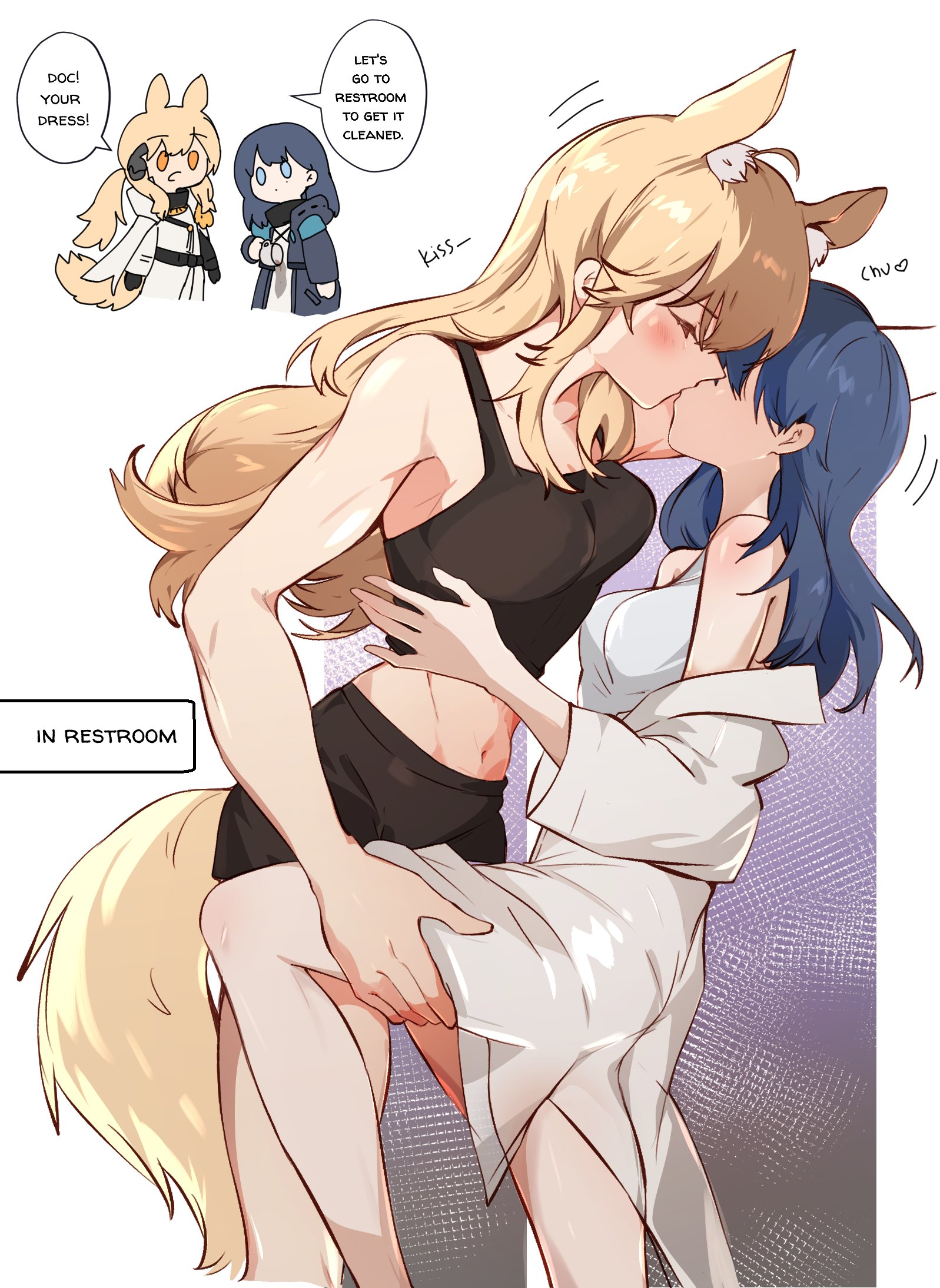 arya melati, doctor (arknights), female doctor (arknights), nearl (arknights), arknights, commentary, english commentary, highres, 2girls, animal ears, black coat, black shorts, black tank top, blonde hair, blue eyes, blue hair, closed eyes, coat, crop top, english text, hand on another's thigh, horse ears, horse girl, horse tail, kiss, long hair, midriff, multiple girls, shirt, shorts, speech bubble, tail, tank top, white coat, white shirt, yuri