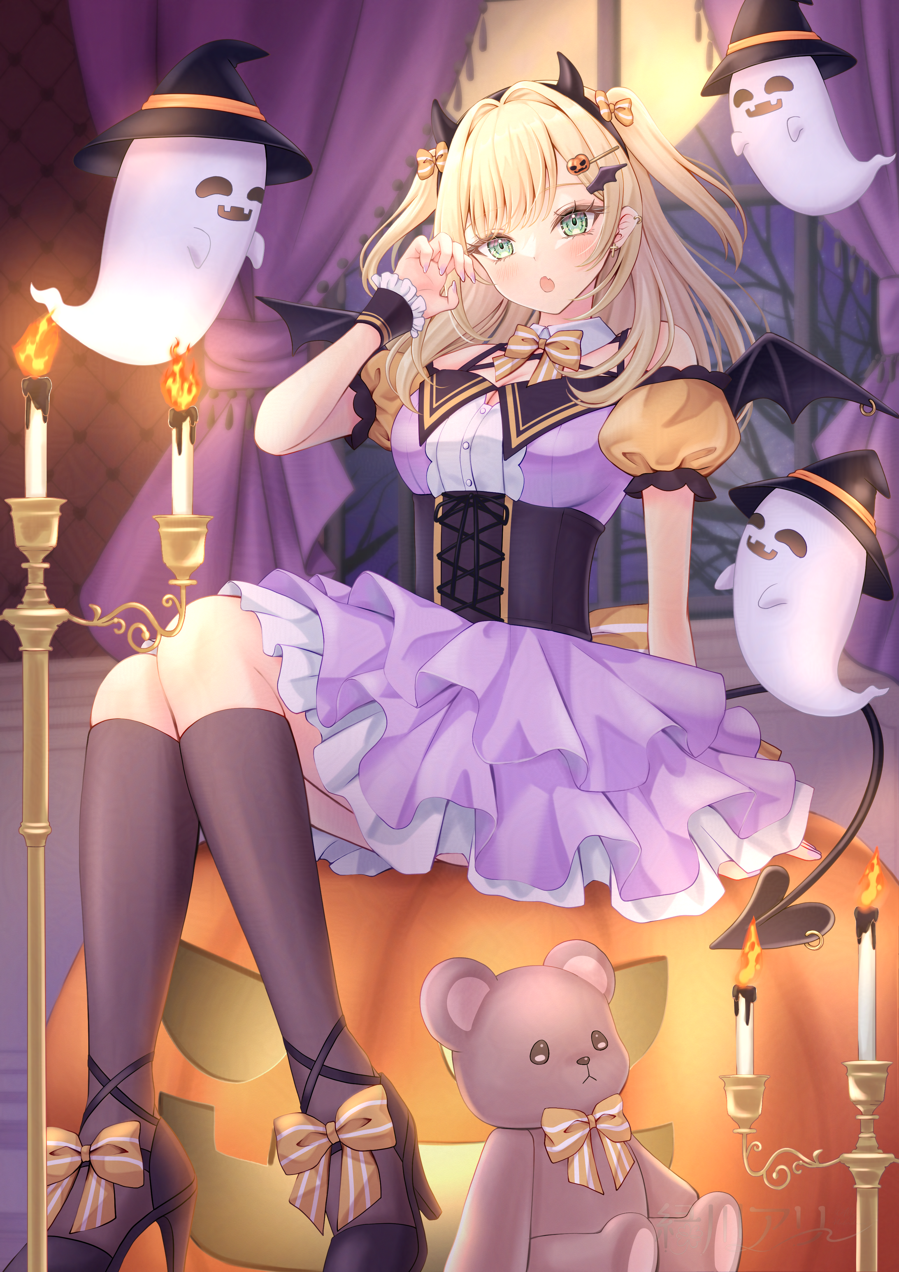 allymidorikawa, kurumi noah, vspo!, absurdres, commentary request, highres, 1girl, arm support, bare shoulders, black corset, black horns, black thighhighs, black wings, blonde hair, blush, bow, bowtie, branch, breasts, buttons, candle, candlelight, candlestand, cleavage, corset, criss-cross strings, cross, cross earrings, curtains, detached collar, detached sleeves, dress, earrings, fake horns, food-themed hair ornament, frilled wrist cuffs, frills, full moon, ghost, green eyes, hair bow, hair intakes, hair ornament, hairband, halloween, hand up, hat, head tilt, high heels, horn hairband, horns, indoors, jack-o'-lantern, jewelry, large breasts, legs, long hair, looking at viewer, moon, moonlight, nail polish, night, night sky, open mouth, puffy detached sleeves, puffy short sleeves, puffy sleeves, pumpkin hair ornament, purple dress, purple nails, short sleeves, sitting, sky, solo, stuffed animal, stuffed toy, teddy bear, thighhighs, thighs, tree, two side up, virtual youtuber, window, wing hair ornament, wings, witch hat, wrist cuffs, yellow bow, yellow bowtie