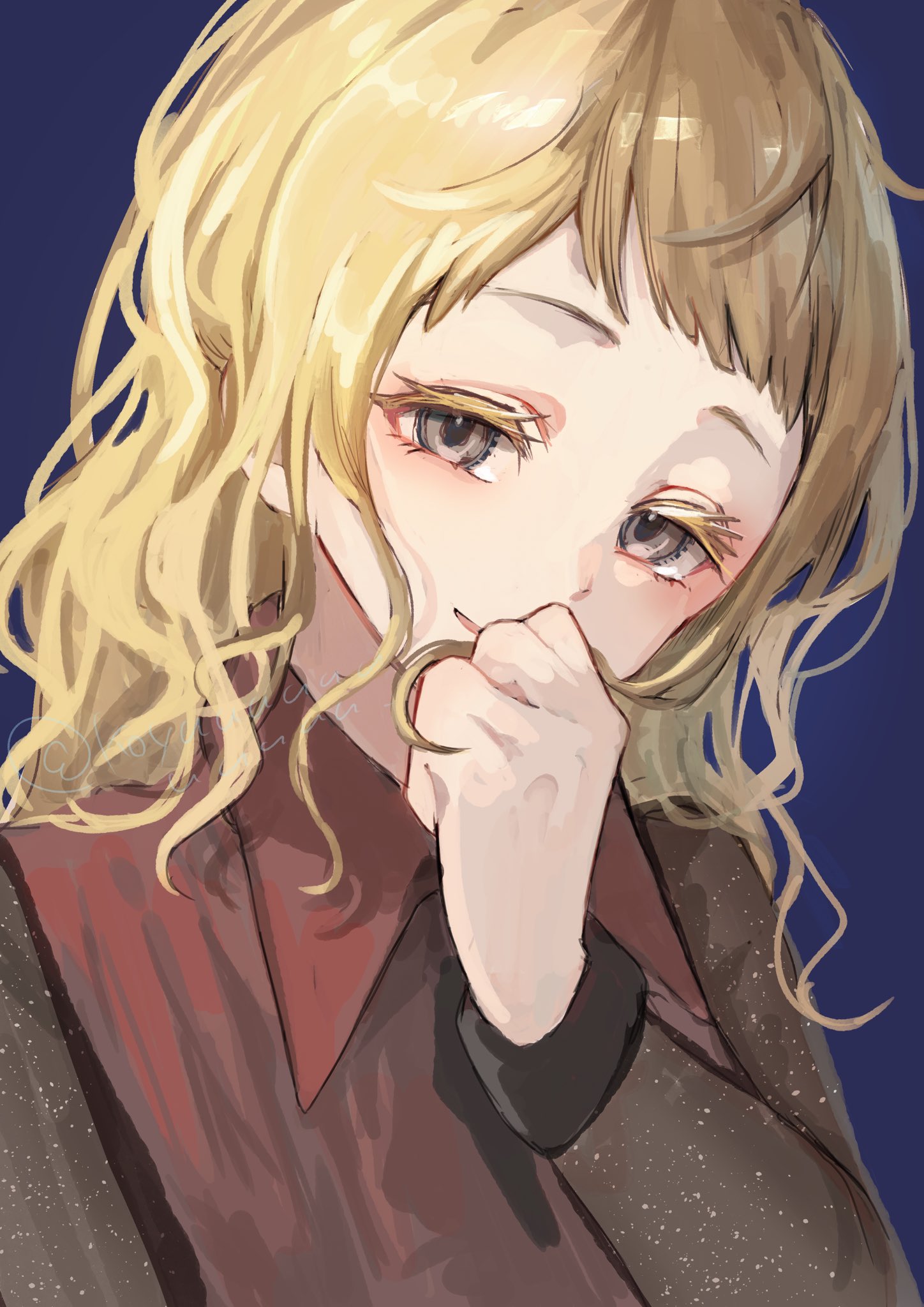 koyuuuuuuuuuuu, kukrushka (gnosia), gnosia, highres, 1girl, brown hair, dress, eyelashes, grey eyes, hair between eyes, long hair, long sleeves, looking at viewer, red dres, shirt, simple background, smile, solo, upper body, wavy hair