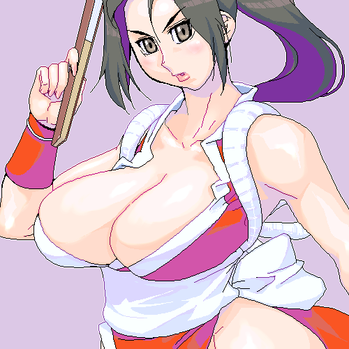 matagitii, shiranui mai, snk, the king of fighters, lowres, 1girl, black eyes, black hair, breasts, cleavage, female focus, folding fan, hand fan, huge breasts, long hair, no bra, ponytail, solo