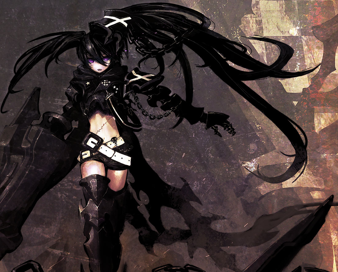 huke, insane black rock shooter, black rock shooter, 10s, 1girl, alternate costume, armor, belt, black hair, chain, female focus, long hair, midriff, purple eyes, scar, solo, stitches, thighhighs, twintails, uneven twintails, weapon