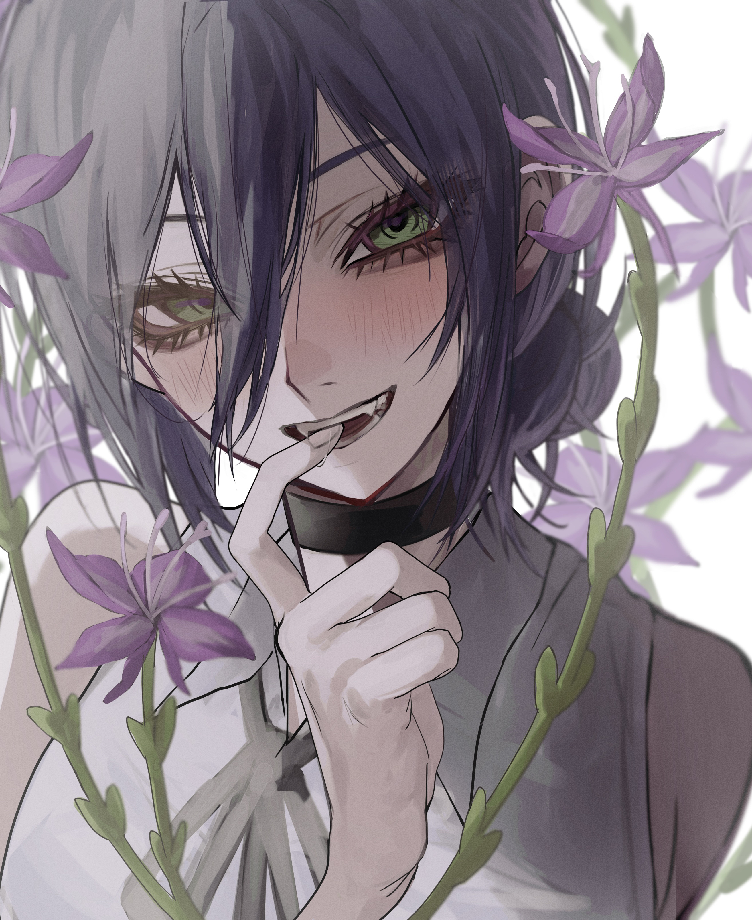 yosei bin, reze (chainsaw man), chainsaw man, absurdres, highres, 1girl, biting own finger, black choker, black hair, choker, flower, grey shirt, hair between eyes, hair bun, purple flower, saliva, shirt, sleeveless, sleeveless shirt, solo, teeth, white background