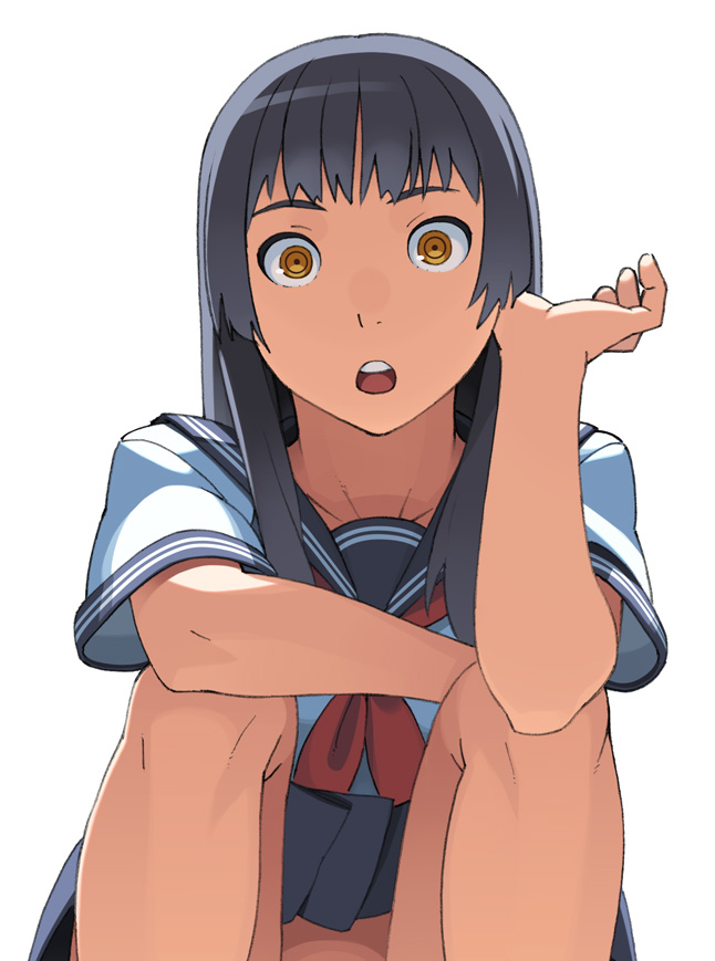 go robots, original, 1girl, :o, black hair, brown eyes, female focus, long hair, no panties, school uniform, serafuku, solo, squatting, yellow eyes