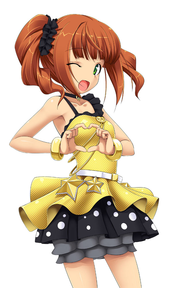 takayaki, takatsuki yayoi, idolmaster, idolmaster (classic), live for venus, 00s, 1girl, bare shoulders, brown hair, female focus, four-finger heart hands, green eyes, heart, heart hands, one eye closed, open mouth, short hair, skirt, solo, twintails, wink