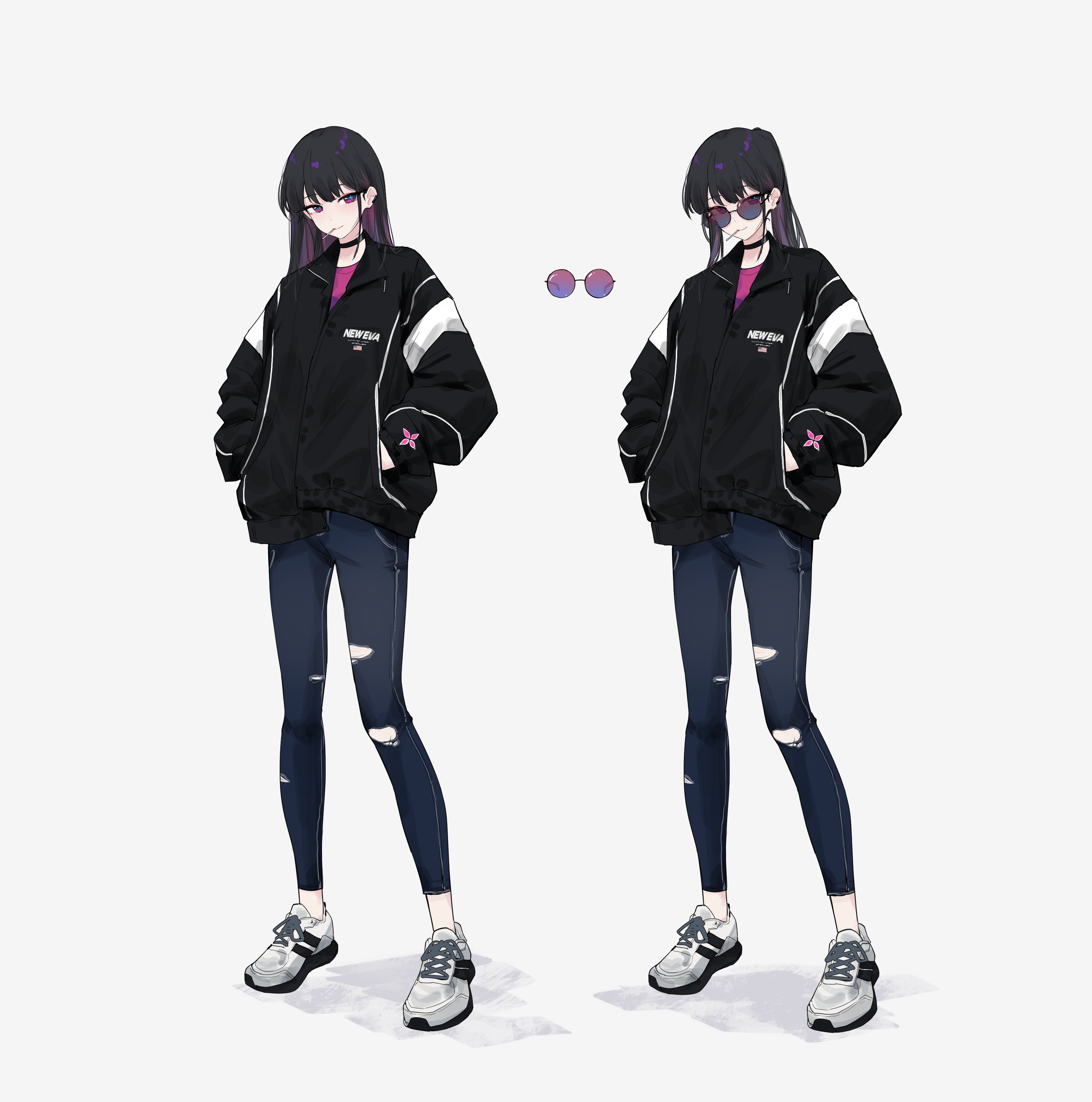feint721, original, absurdres, commentary, english commentary, highres, 1girl, black choker, black hair, black jacket, blue pupils, choker, closed mouth, colored inner hair, denim, hands in pockets, jacket, jeans, lollipop in mouth, long hair, looking at viewer, multicolored hair, multiple views, pants, pink shirt, purple-tinted eyewear, purple eyes, purple hair, round eyewear, shirt, shoes, smile, sneakers, star-shaped pupils, star (symbol), sunglasses, symbol-shaped pupils, tinted eyewear, torn clothes, torn jeans, torn pants, white shoes