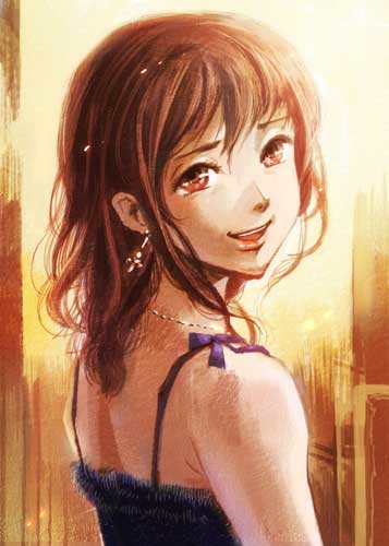 sakakibara rem, original, lowres, 1girl, :d, blush, brown hair, dress, earrings, female focus, from behind, jewelry, looking at viewer, open mouth, short hair, sleeveless, sleeveless dress, smile, solo