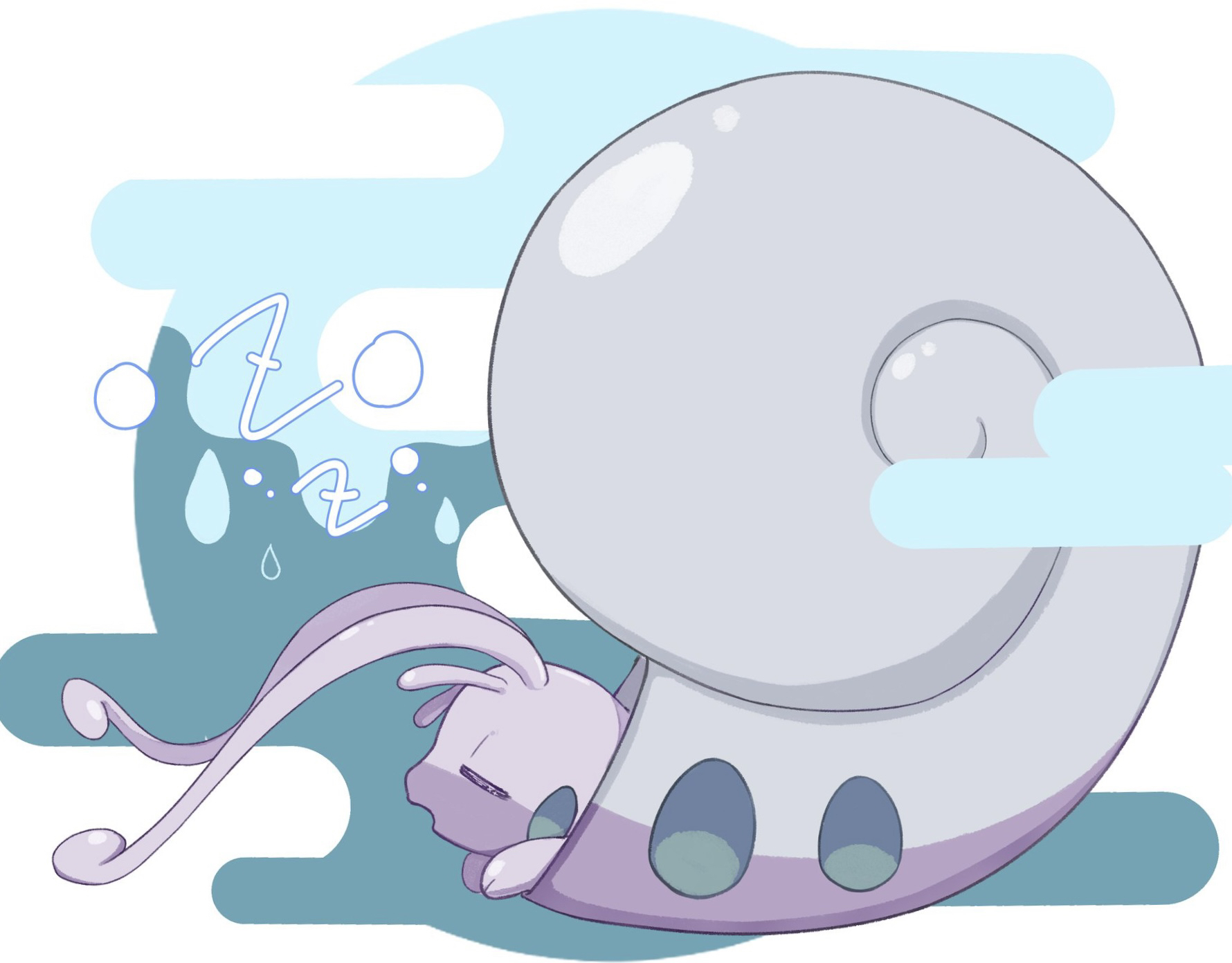 hisuian goodra, nintendo, pokemon, commentary request, highres, = =, closed eyes, from side, no humans, open mouth, pokemon (creature), pokemon focus, rain, shell, sleeping, solo, toremes, zzz