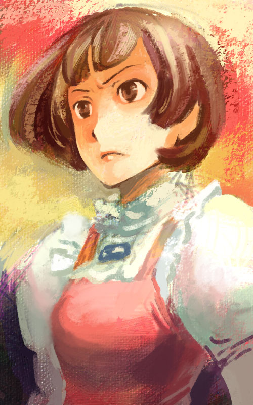 sakakibara rem, sochie heim, gundam, turn a gundam, bad id, bad pixiv id, 1girl, breasts, brown hair, closed mouth, expressionless, female focus, juliet sleeves, large breasts, lips, long sleeves, puffy long sleeves, puffy sleeves, short hair, solo, upper body
