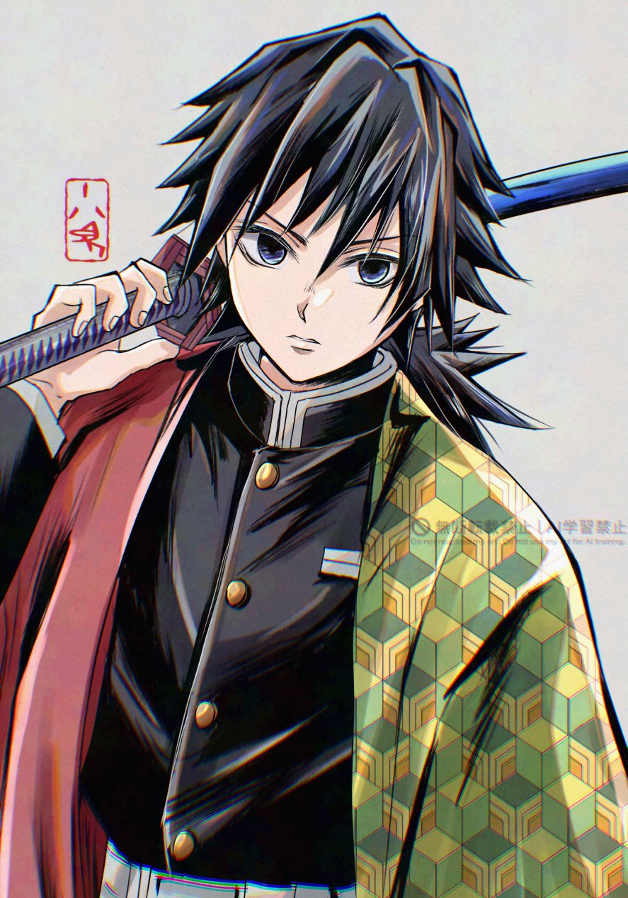 runa (ren rainfall), tomioka giyuu, kimetsu no yaiba, highres, 1boy, belt, black hair, black jacket, blue eyes, buttons, demon slayer uniform, fingernails, gold buttons, grey background, hair between eyes, hand up, haori, high collar, holding, holding sword, holding weapon, jacket, japanese clothes, katana, kikkoumon, long hair, looking at viewer, low ponytail, male focus, parted lips, ponytail, print haori, red haori, simple background, solo, spiked hair, sword, teeth, upper body, watermark, weapon, white belt