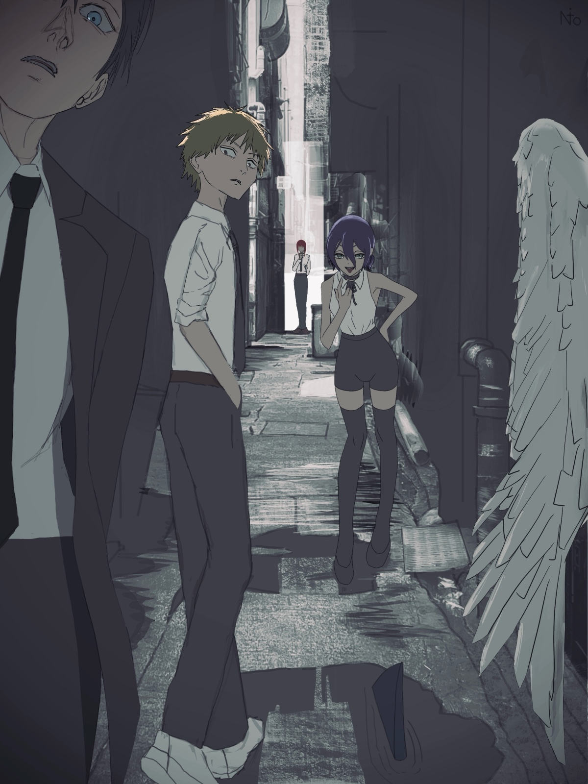 nitrocharge25, angel devil (chainsaw man), beam (chainsaw man), denji (chainsaw man), hayakawa aki, makima (chainsaw man), reze (chainsaw man), chainsaw man, highres, 2boys, 2girls, alley, angel wings, black hair, black necktie, black pants, black ribbon, black shorts, black thighhighs, blonde hair, formal clothes, green eyes, jacket, multiple boys, multiple girls, neck ribbon, necktie, open mouth, pant suit, pants, purple hair, red hair, ribbon, shark fin, shirt, shirt tucked in, shorts, sleeveless, sleeveless shirt, sleeves rolled up, suit, suit jacket, thighhighs, white shirt, wings