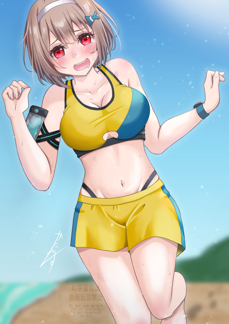 kanyasu, ooshima muua, heaven burns red, 1girl, barefoot, beach, bikini, blue sky, blush, breasts, brown hair, cellphone, cleavage, clothing cutout, collarbone, day, drooling, hair ornament, hairband, hairclip, hands up, highleg, large breasts, looking at viewer, midriff, navel, ocean, open mouth, outdoors, phone, red eyes, running, sand, short hair, shorts, sky, smile, solo, sports bra, sweat, swimsuit, watch, white hairband, wristwatch, yellow shorts