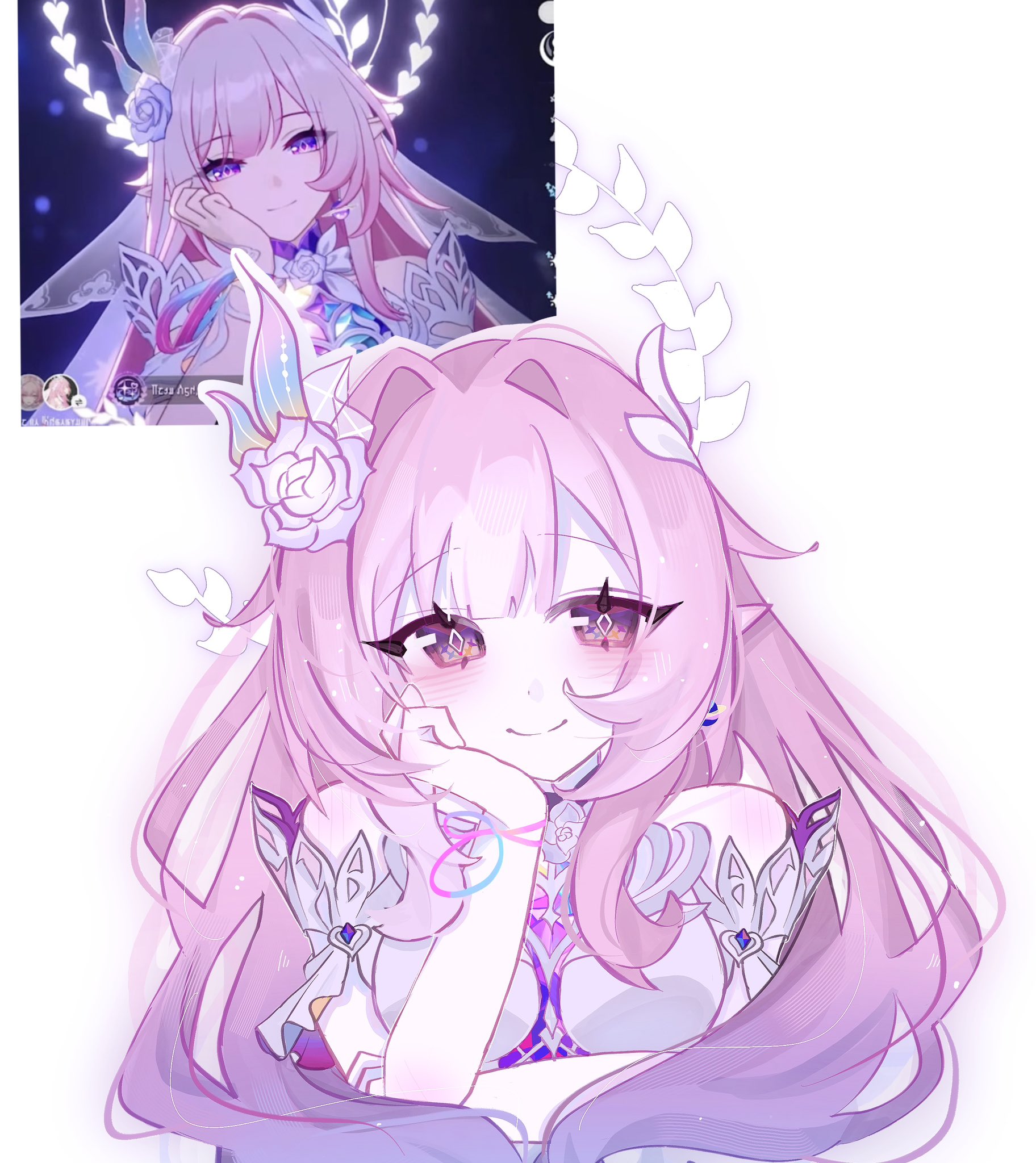 cyrene (honkai: star rail), cyrene (ripples of past reverie) (honkai: star rail), honkai: star rail, honkai (series), commentary, highres, symbol-only commentary, 1girl, bare shoulders, breasts, diamond-shaped pupils, diamond (shape), dress, earrings, flower, hair flower, hair ornament, halo, jewelry, large breasts, long hair, looking at viewer, pink hair, pointy ears, purple eyes, reference inset, ruberri 00, simple background, smile, solo, symbol-shaped pupils, very long hair, white background, white dress