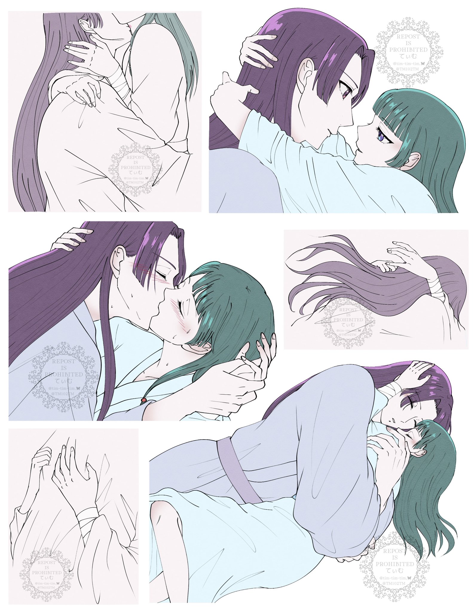 tm102tm, jinshi (kusuriya no hitorigoto), maomao (kusuriya no hitorigoto), kusuriya no hitorigoto, highres, 1boy, 1girl, arms around neck, bandaged wrist, bandages, blue shirt, blunt bangs, blush, couple, feet out of frame, green hair, hand in another's hair, hetero, holding hands, kiss, long hair, multiple views, parted bangs, parted lips, purple hair, shirt, sweat