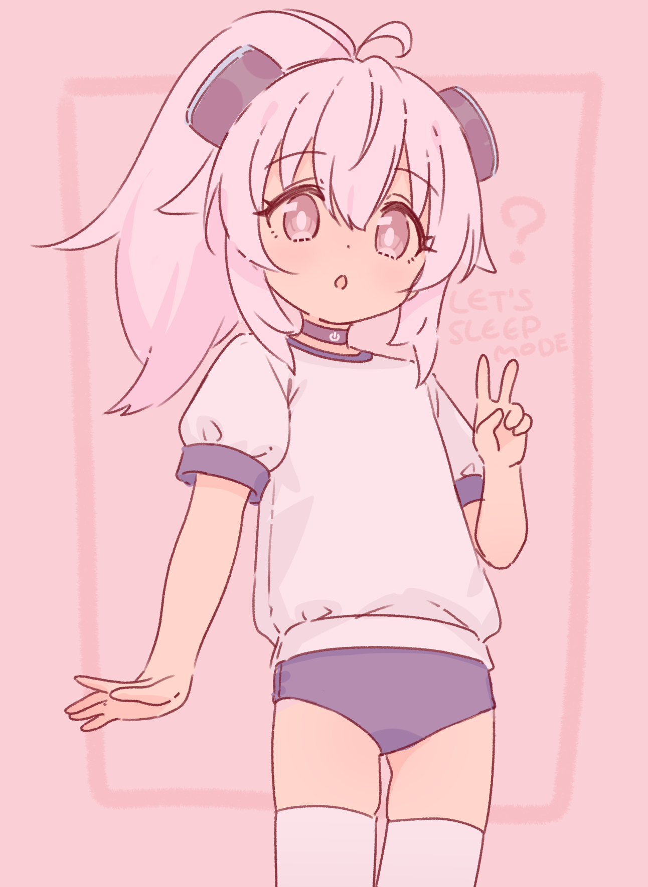 jigatei (omijin), original, commentary, highres, symbol-only commentary, 1girl, :o, ?, ahoge, black choker, blue buruma, buruma, choker, english text, gluteal fold, grey eyes, gym shirt, gym uniform, hand up, high ponytail, long hair, looking at viewer, parted lips, pink background, pink hair, ponytail, power symbol, shirt, solo, thighhighs, v, white shirt, white thighhighs