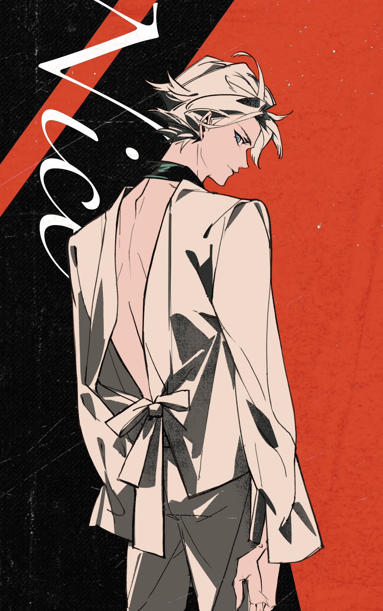 sd2190392804, nice (to be hero x), to be hero, to be hero x, highres, 1boy, backless shirt, black background, black choker, blue eyes, character name, choker, closed mouth, cowboy shot, looking at viewer, male focus, pants, parted bangs, red background, shirt, short hair, solo, standing, white hair, white pants, white shirt