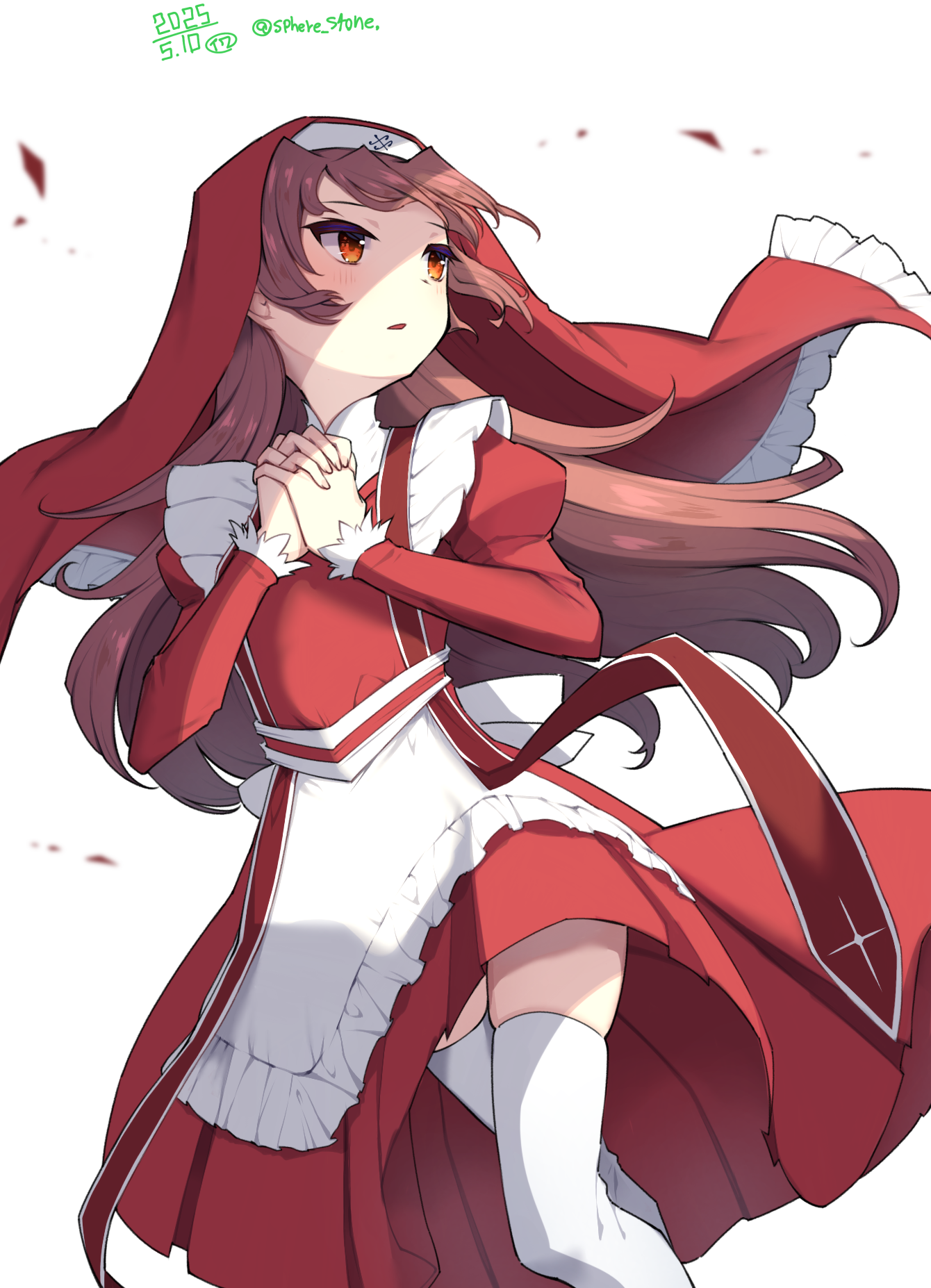 sphere stone, sakura kyoko, mahou shoujo madoka magica, mahou shoujo madoka magica (anime), highres, 1girl, apron, frilled veil, long hair, maid, nun, praying, red eyes, red hair, red veil, thighhighs, veil, white thighhighs
