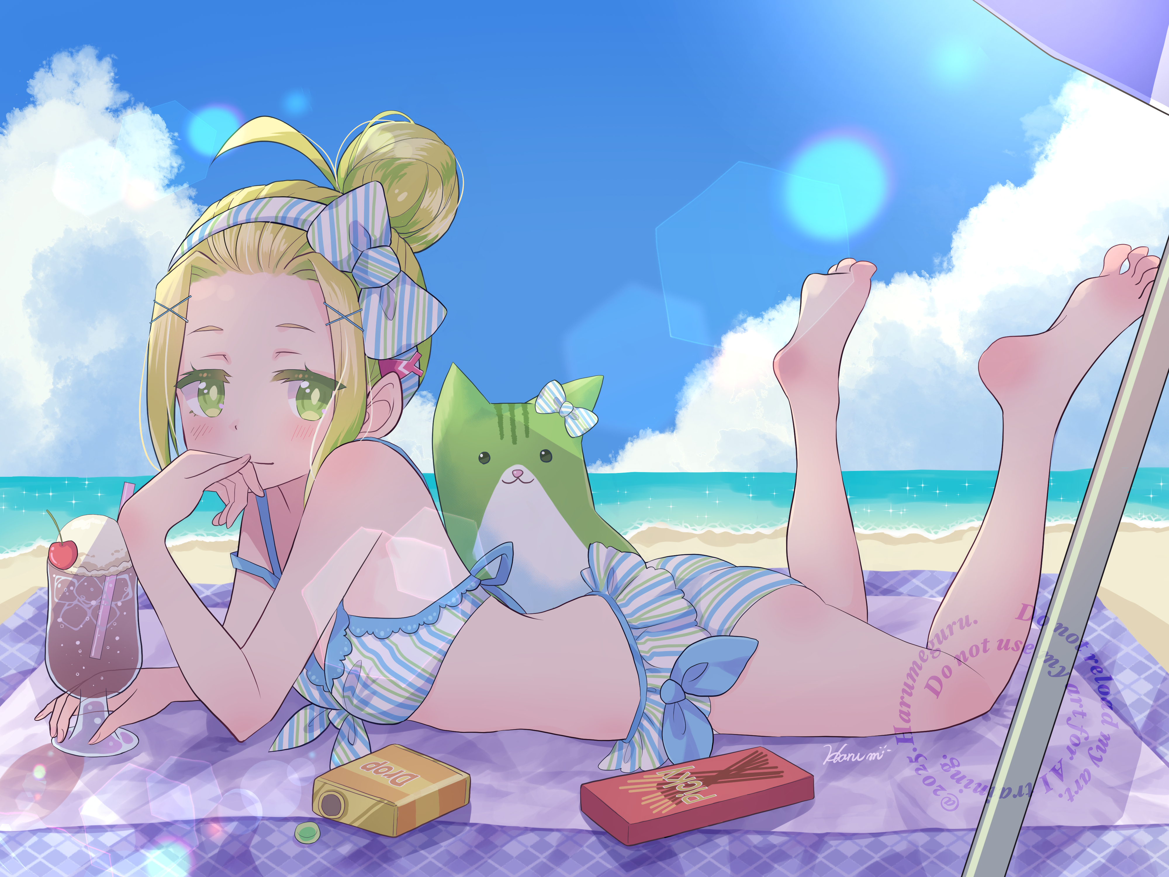 haru meguru, ooshima yotsuha, heaven burns red, absurdres, highres, 1girl, ahoge, artist name, ass, bangs pinned back, bare legs, bare shoulders, barefoot, beach, beach towel, beach umbrella, bikini, blonde hair, blue bikini, blue sky, blush, bow, breasts, cherry, closed mouth, cloud, cloudy sky, cup, day, drink, drinking straw, feet, feet up, food, forehead, frilled bikini, frills, fruit, full body, green eyes, green hair, hair bow, hair bun, hair ornament, hairband, hairclip, horizon, ice, ice cream, ice cream float, ice cube, legs, legs up, looking at viewer, lying, ocean, on stomach, outdoors, pocky, sand, sidelocks, single hair bun, sky, small breasts, smile, soles, solo, striped bikini, striped bow, striped clothes, stuffed animal, stuffed toy, summer, swimsuit, the pose, toes, towel, umbrella, water, x hair ornament