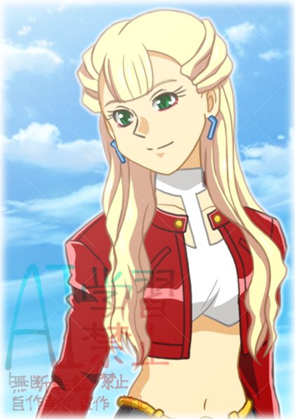 fumihirogezuki, commentary request, 1girl, blonde hair, blue sky, bullet/bullet, cloud, day, green eyes, jacket, long hair, long sleeves, looking to the side, navel, noah (bullet/bullet), outdoors, red jacket, sky, solo, stomach, upper body, watermark