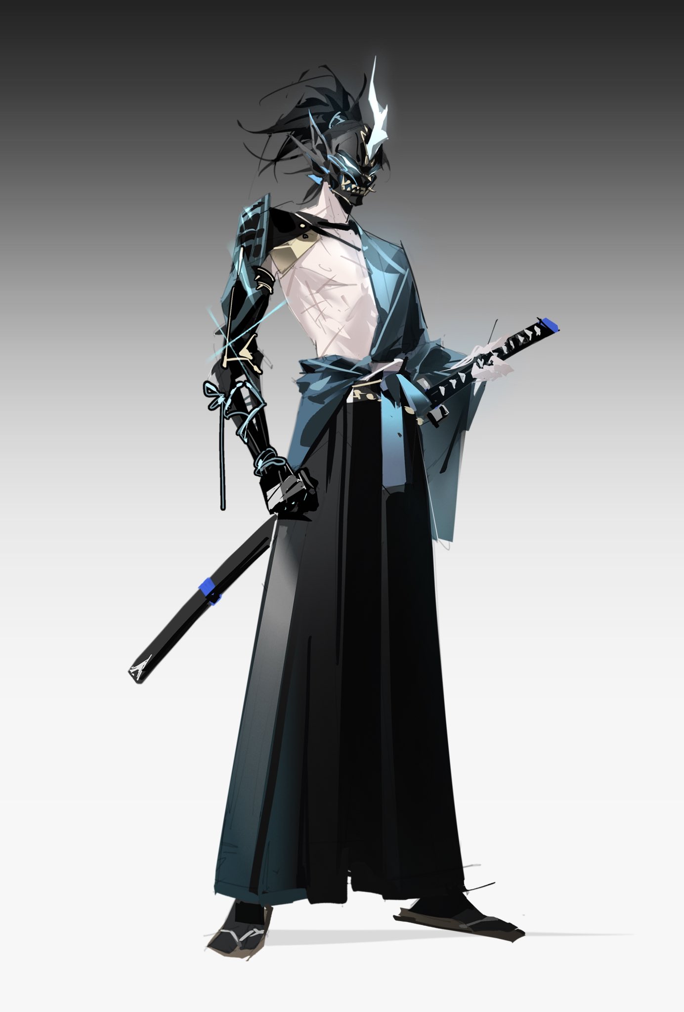 sd2190392804, e-soul (to be hero x), to be hero, to be hero x, highres, 1boy, armor, black armor, black hair, black hakama, black pants, full body, gradient background, hakama, half-shirt, holding, holding sword, holding weapon, japanese clothes, katana, male focus, mask, oni mask, pale skin, pants, ponytail, sandals, solo, standing, sword, tabi, weapon