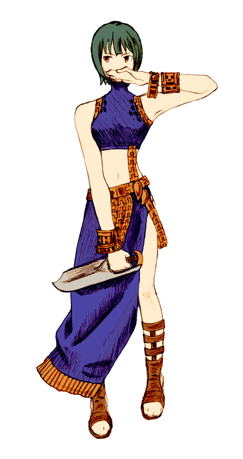 zearthp, assassin (fft), celia, dancer (fft), otonashi kotori, final fantasy, final fantasy tactics, idolmaster, idolmaster (classic), idolmaster 1, blade, 1girl, bracelet, celia (cosplay), cosplay, dagger, female focus, green hair, jewelry, knife, midriff, navel, parody, sandals, short hair, simple background, solo, style parody, weapon