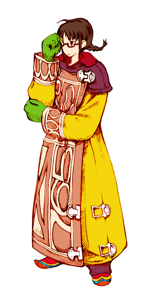 zearthp, akizuki ritsuko, arithmetician (fft), final fantasy, final fantasy tactics, idolmaster, idolmaster (classic), idolmaster 1, 1girl, adjusting eyewear, antenna hair, braid, brown hair, female focus, full body, glasses, gloves, parody, robe, simple background, solo, twin braids