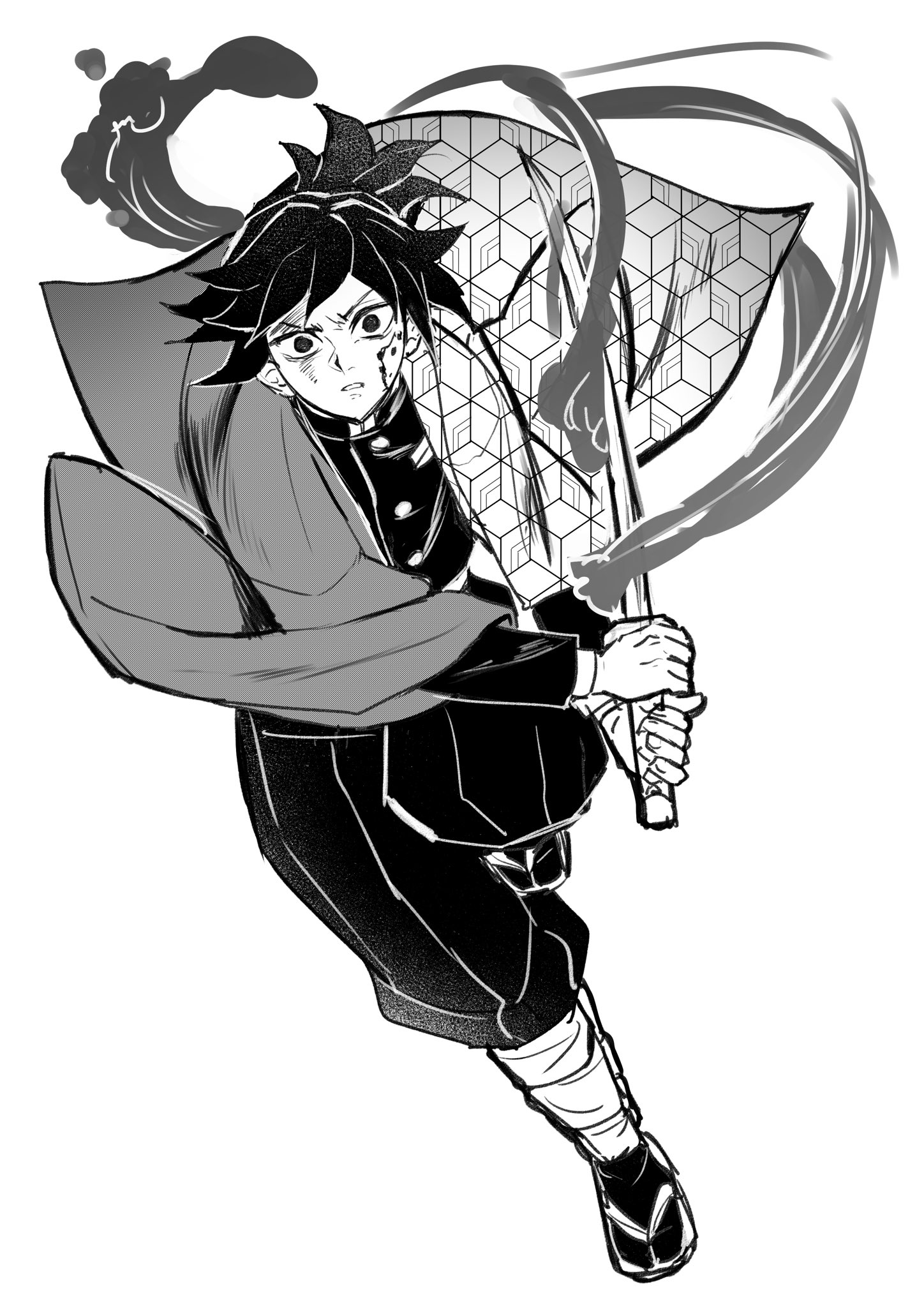 tomioka giyuu, kimetsu no yaiba, highres, 1boy, belt, blood, blood on face, buttons, empty eyes, full body, greyscale, haori, high collar, holding, holding sword, holding weapon, jacket, japanese clothes, katana, kikkoumon, looking at viewer, male focus, monochrome, pants, parted lips, print haori, running, sandals, simple background, socks, solo, spiked hair, sword, water, weapon, white background, yanae1573 2