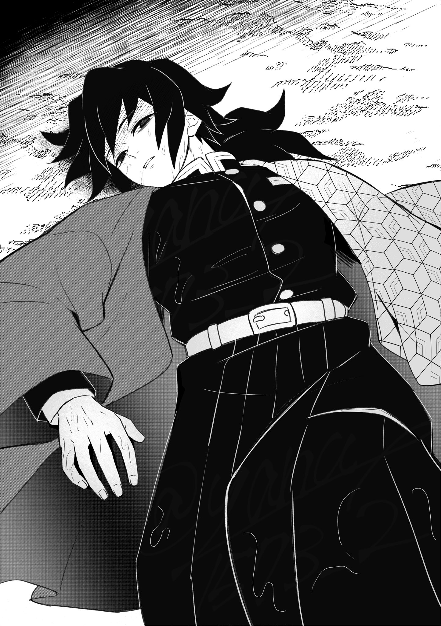 tomioka giyuu, kimetsu no yaiba, highres, 1boy, belt, belt buckle, buckle, buttons, empty eyes, greyscale, half-closed eyes, haori, high collar, jacket, japanese clothes, kikkoumon, looking at viewer, male focus, monochrome, pants, parted lips, print haori, solo, spiked hair, teeth, yanae1573 2