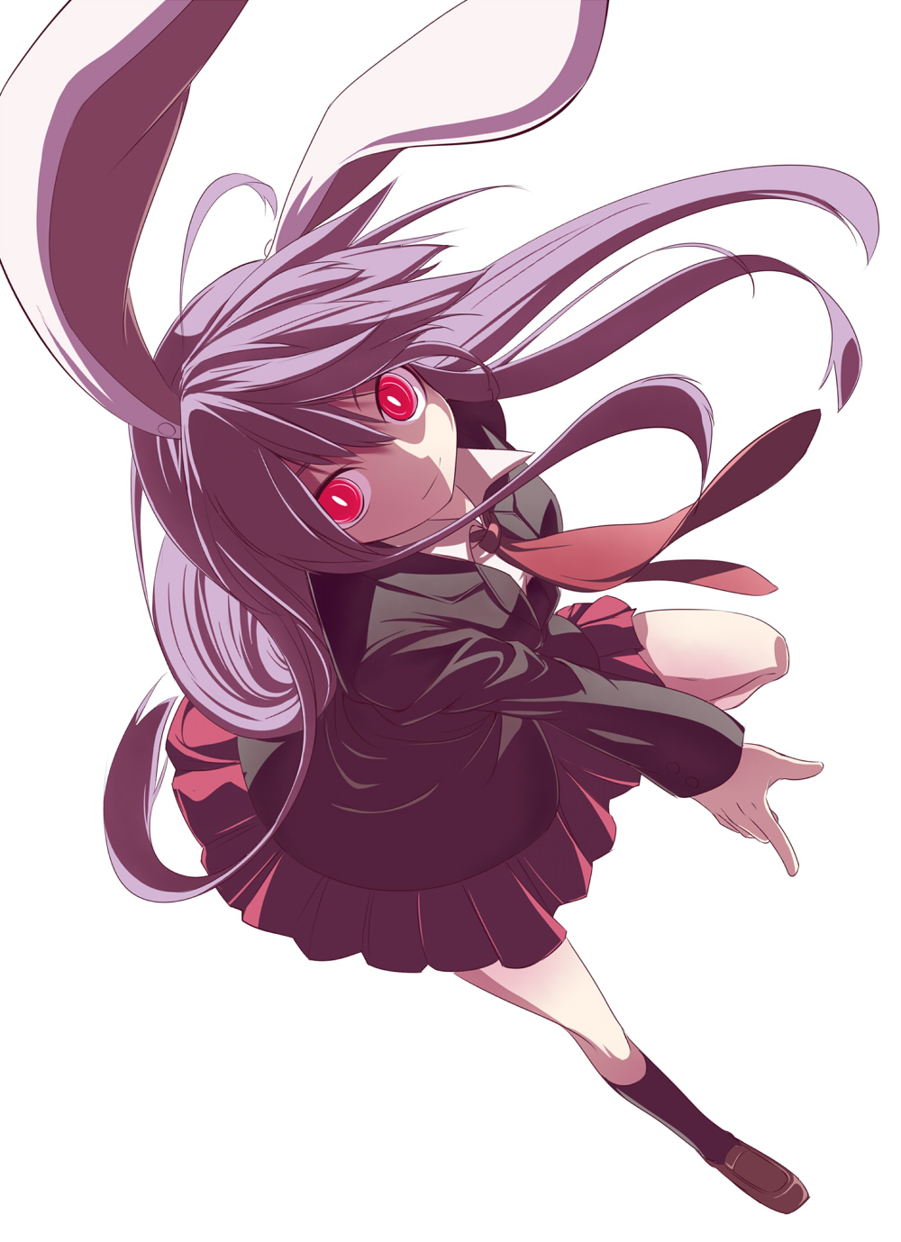 ippaiccha, yudofu, reisen udongein inaba, touhou, light purple hair, bad id, bad pixiv id, highres, 1girl, animal ears, blazer, female focus, finger gun, jacket, long hair, necktie, pleated skirt, rabbit ears, red eyes, red necktie, skirt, solo