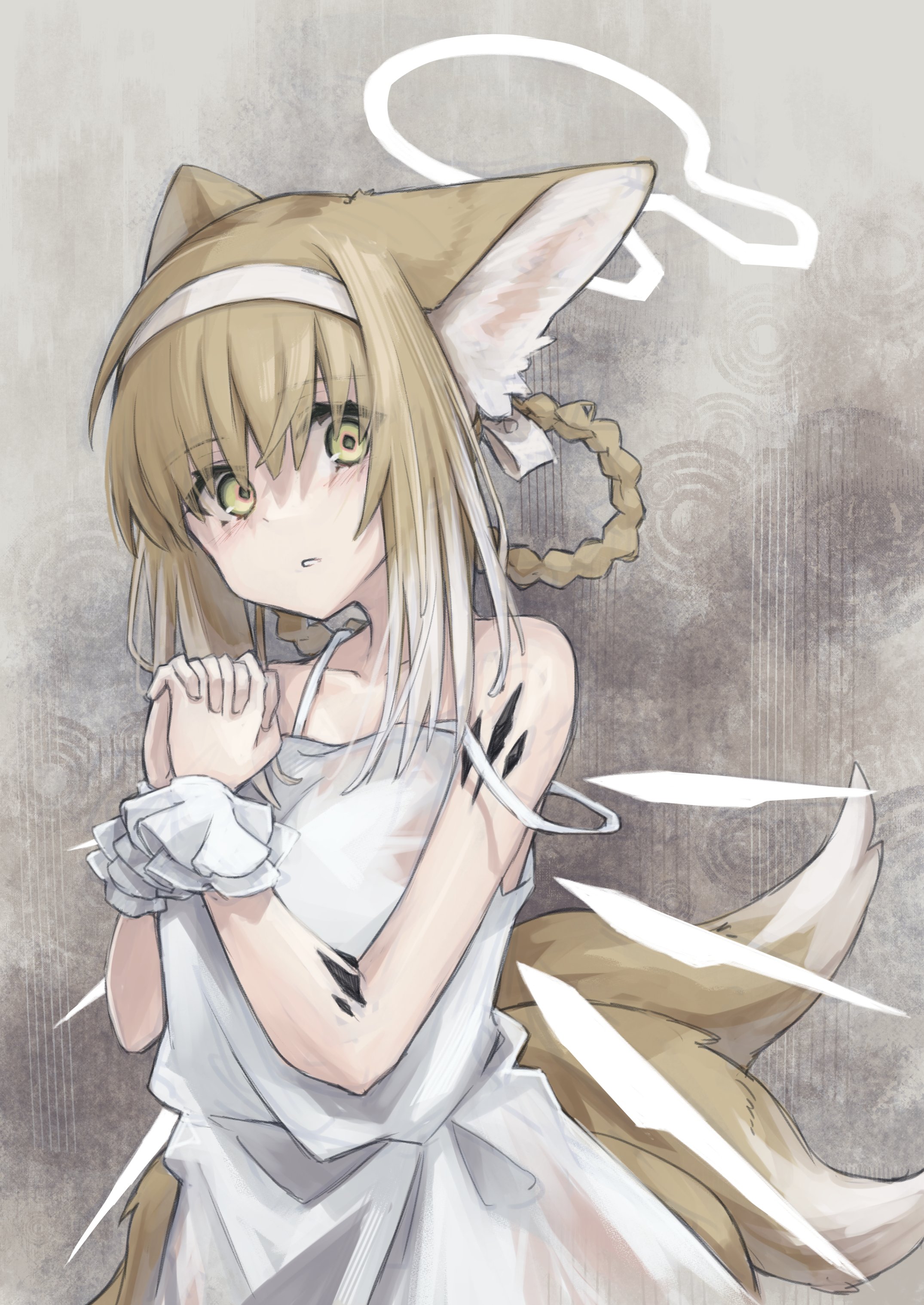 semi colon, suzuran (arknights), arknights, absurdres, commentary, highres, 1girl, alternate costume, animal ears, braid, detached wings, dress, energy wings, fox ears, fox tail, hairband, halo, looking at viewer, material growth, multicolored hair, multiple tails, oripathy lesion (arknights), own hands together, parted lips, solo, tail, white dress, white halo, wings