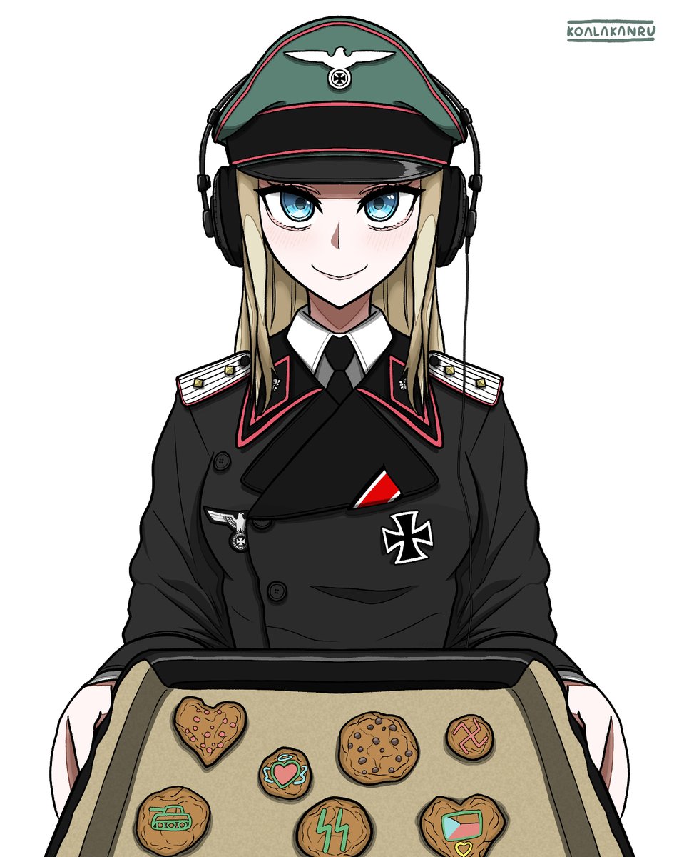 koalakanru, original, highres, 1girl, armor, black necktie, blonde hair, blue eyes, collared shirt, cookie, cross, food, gloves, heart, holding pan, iron cross, kaplanie, long hair, medal, military uniform, necktie, pauldrons, reichsadler, shirt, shoulder armor, siegrunen, solo, swastika, wehrmacht, white background, white gloves, world war ii