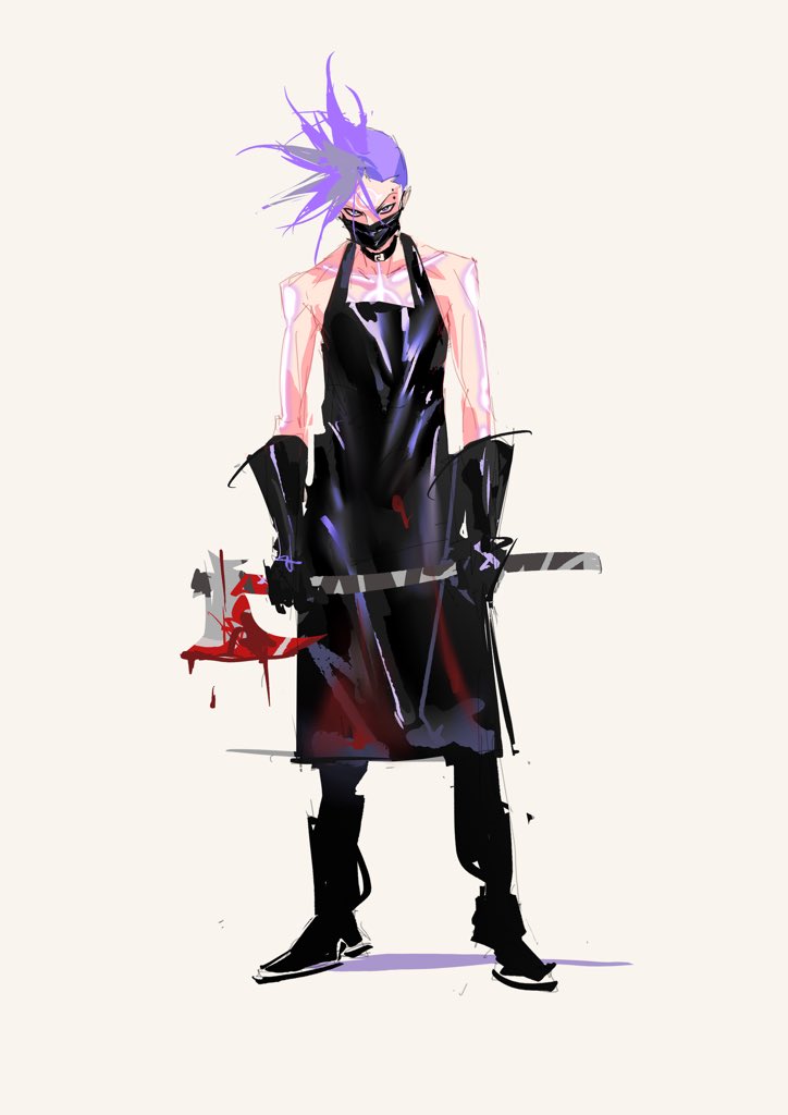 sd2190392804, dragon boy (to be hero x), to be hero, to be hero x, 1boy, apron, axe, bare shoulders, black apron, black boots, black choker, black gloves, black mask, blood, blood on clothes, bloody weapon, body markings, boots, choker, eyebrow piercing, face piercing, facial mark, forehead mark, full body, gloves, grey background, holding, holding axe, male focus, mask, mouth mask, piercing, purple hair, short hair, sketch, solo, spiked hair, standing, weapon