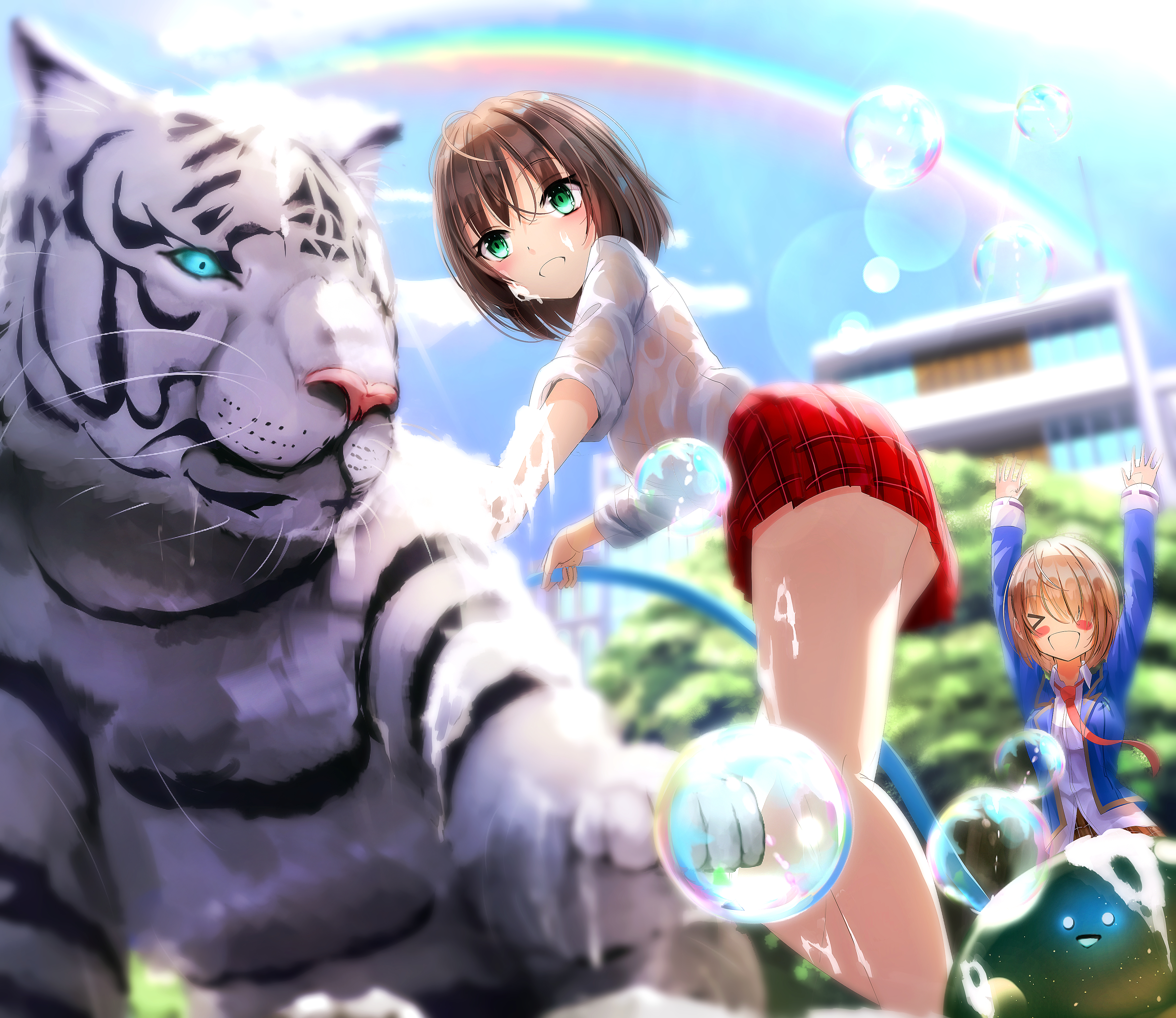 aoi erika, byakko (heaven burns red), kayamori ruka, heaven burns red, absurdres, highres, > <, 1other, 2girls, animal, arms up, ass, blue jacket, blue sky, blurry, blurry background, blush, blush stickers, breasts, brown hair, building, closed eyes, closed mouth, cloud, collared shirt, day, depth of field, dress shirt, green eyes, hair between eyes, hair over one eye, holding, hose, jacket, long sleeves, looking at viewer, miniskirt, multiple girls, narby (heaven burns red), necktie, open clothes, open mouth, outdoors, plaid clothes, plaid skirt, pleated skirt, rainbow, red necktie, red skirt, school uniform, see-through clothes, shirt, short hair, skirt, sky, slime (creature), smile, tiger, water, wet, wet clothes, wet shirt, white shirt, white tiger, yanikura